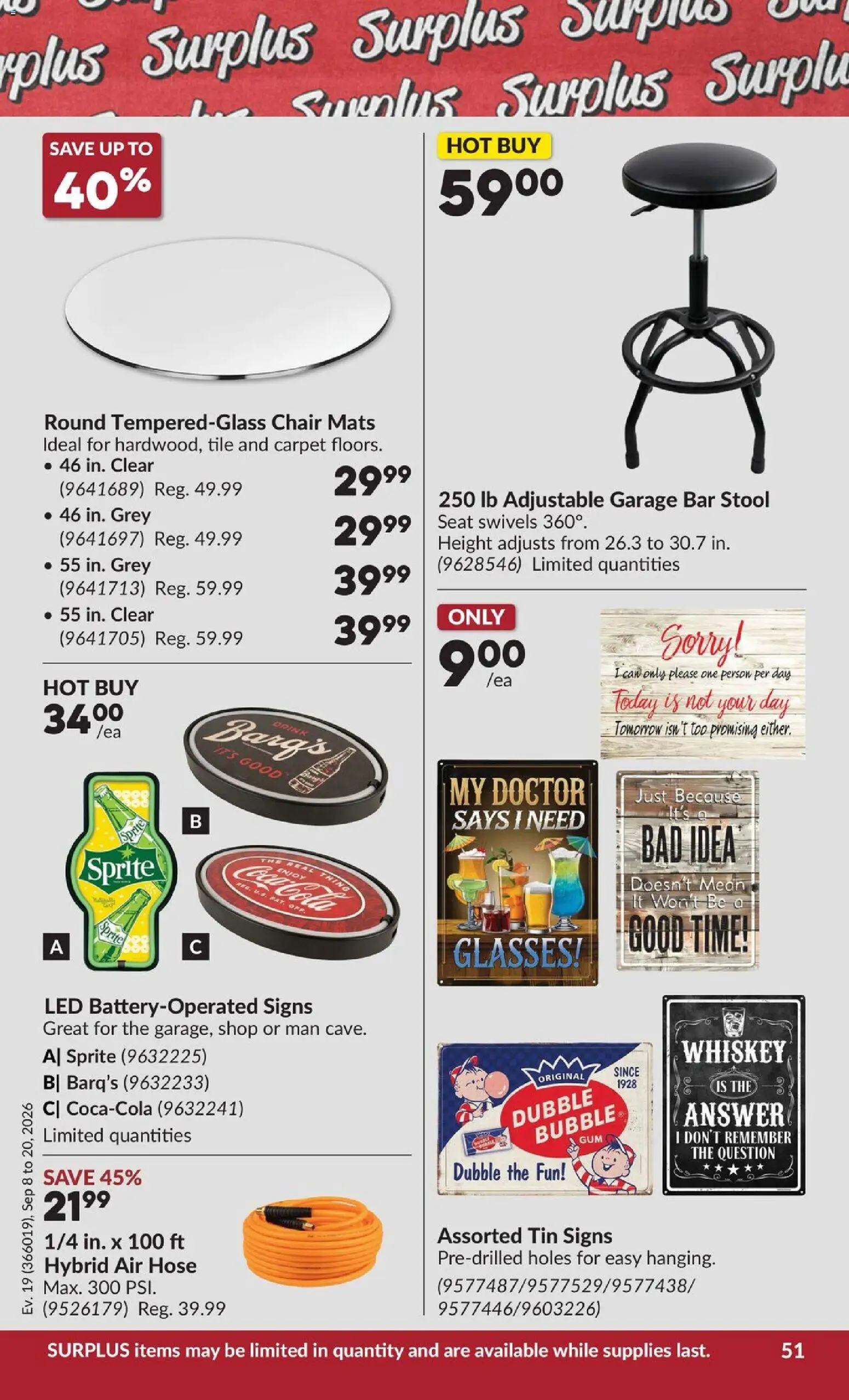 Princess Auto flyer valid from Sep 8, 2026 | Page: 54 | Products: Glasses, Whiskey, Sprite, Carpet
