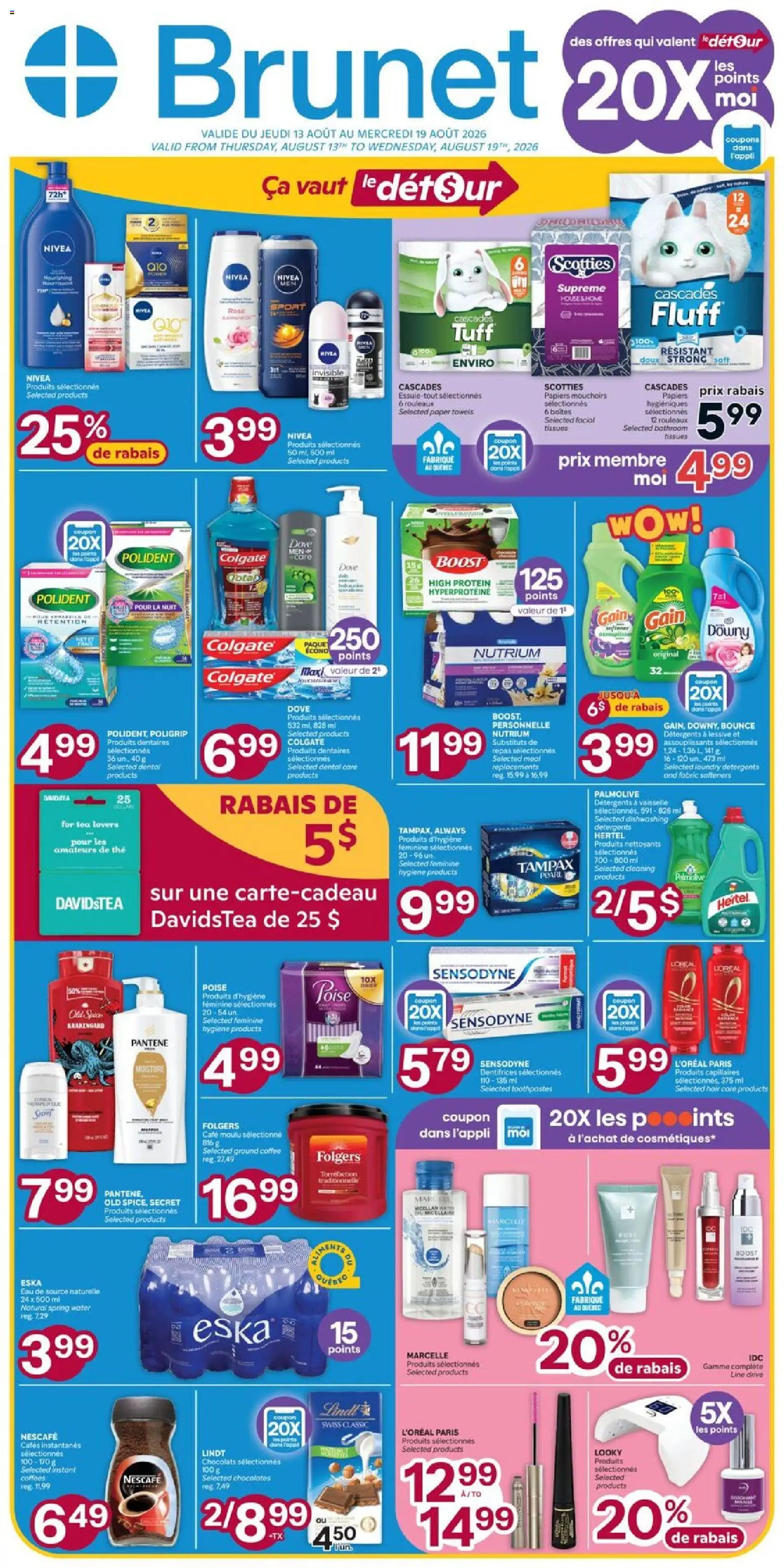 Brunet flyer valid from Aug 13, 2026 | Page: 1 | Products: Water, Paper towels, Spring water, Ground coffee