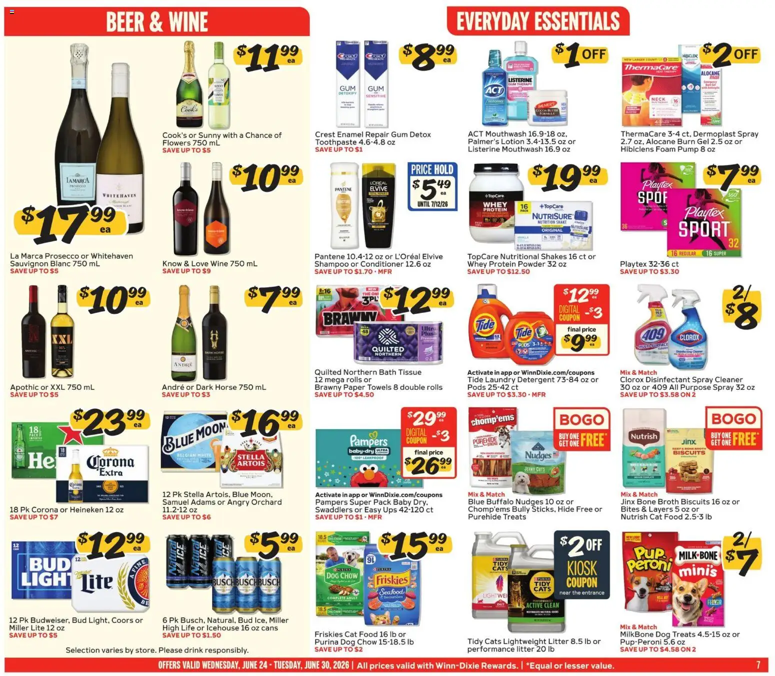 Winn Dixie Weekly Ad - valid from 06/24/2026 | Page: 7 | Products: Dog Treats, Wine, Beer, Mouthwash