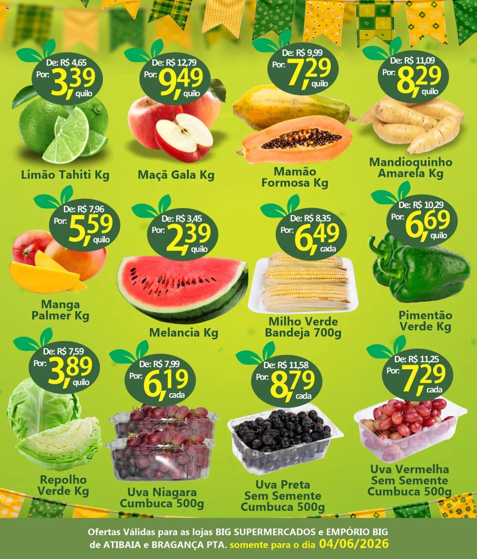 Big Supermercados Folheto - válido de 04.06.2026 | Página: 3 | Produtos: Melancia, Milho verde, Bandeja, Mamão