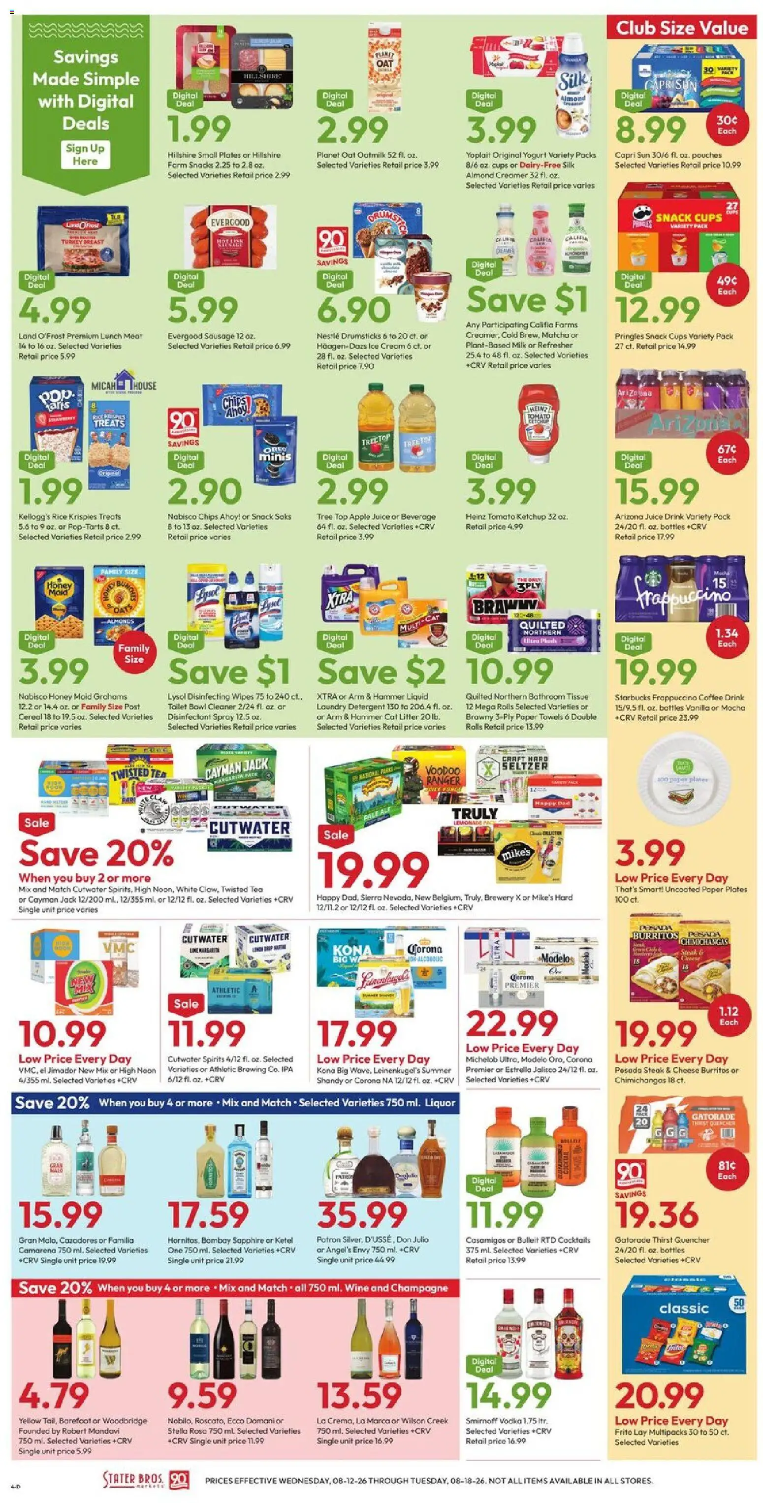 Stater Bros Weekly Ad - valid from 08/12/2026 | Page: 4 | Products: Cat Litter, Coffee, Ice, Paper plates