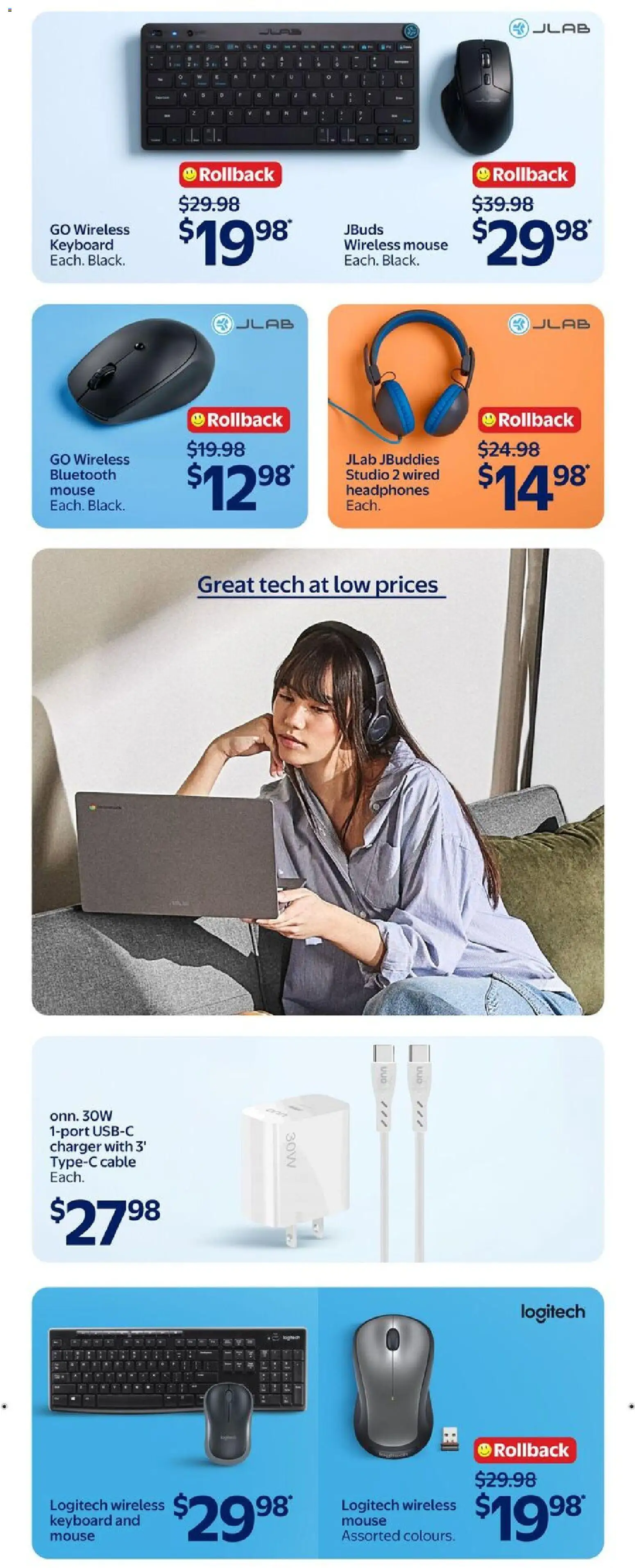 Walmart flyer valid from Aug 13, 2026 | Page: 15 | Products: Mouse, Keyboard, Headphones, Cable