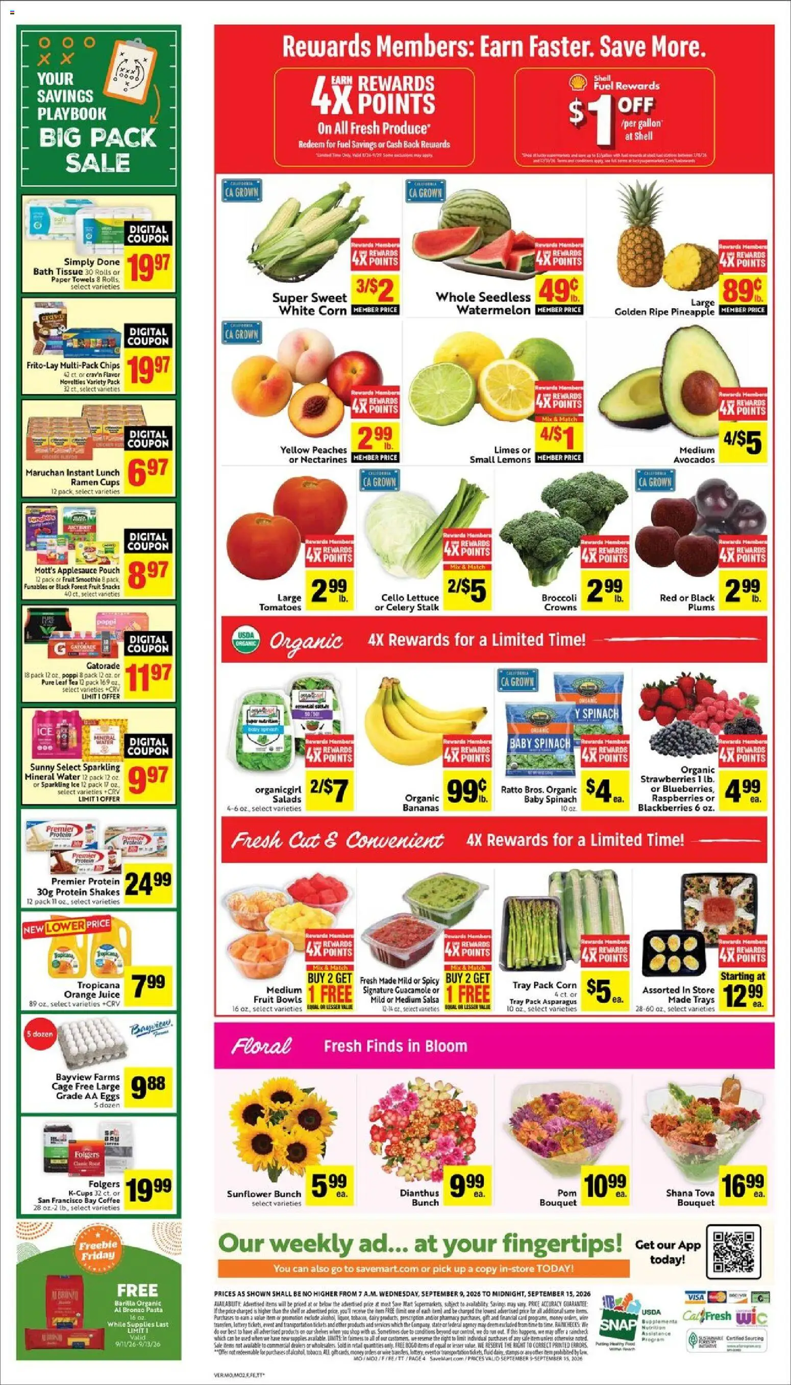 Save Mart Weekly Ad - valid from 09/09/2026 | Page: 4 | Products: Asparagus, Juice, Fruit, Snacks