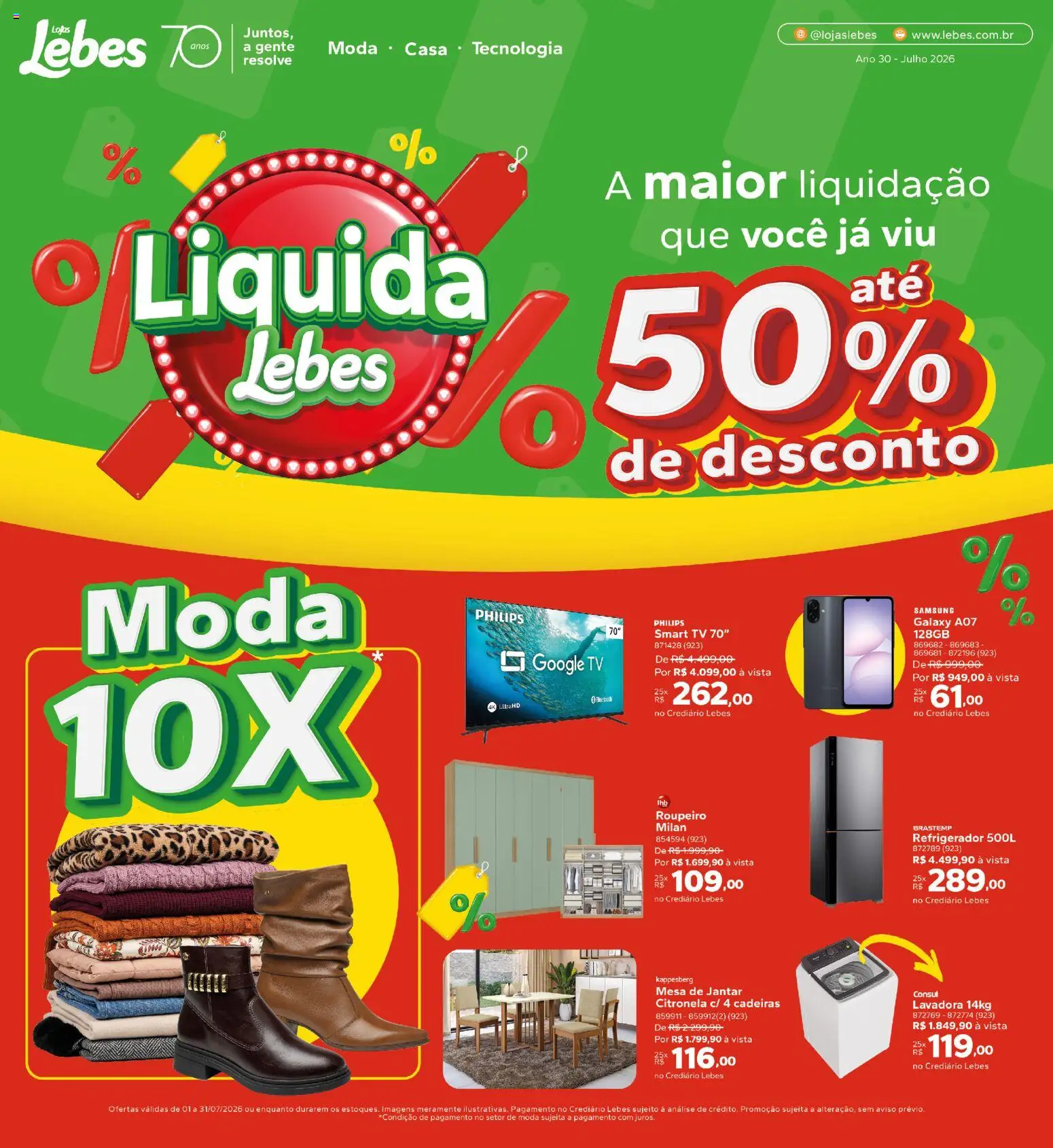 Lebes Folheto - válido de 01/07/2026 | Página: 1 | Produtos: Refrigerador, smart TV, Mesa, Mesa de jantar