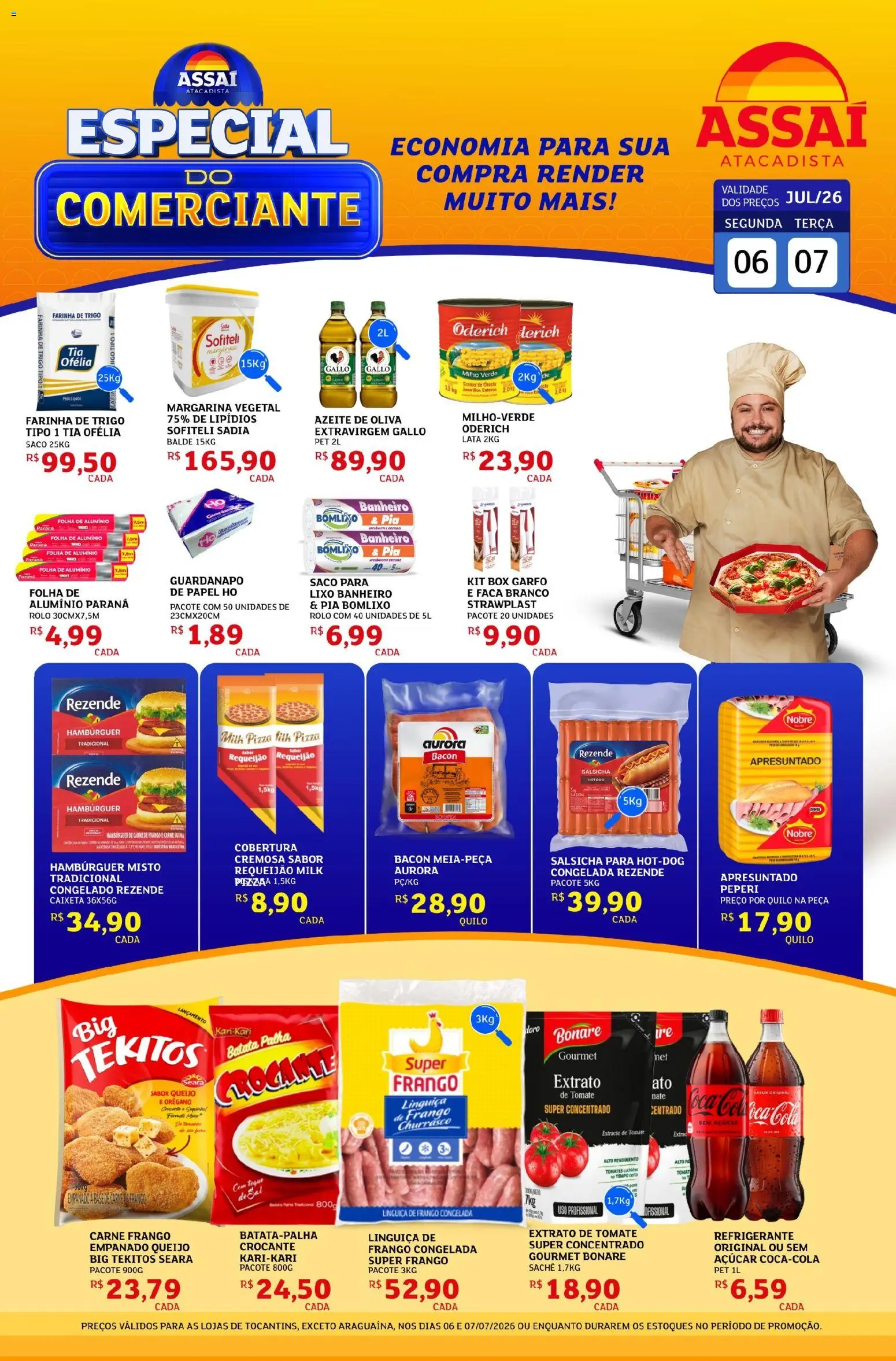 Assaí Atacadista Folheto - válido de 07/07/2026 | Página: 1 | Produtos: Salsicha, Linguiça, Faca, Azeite