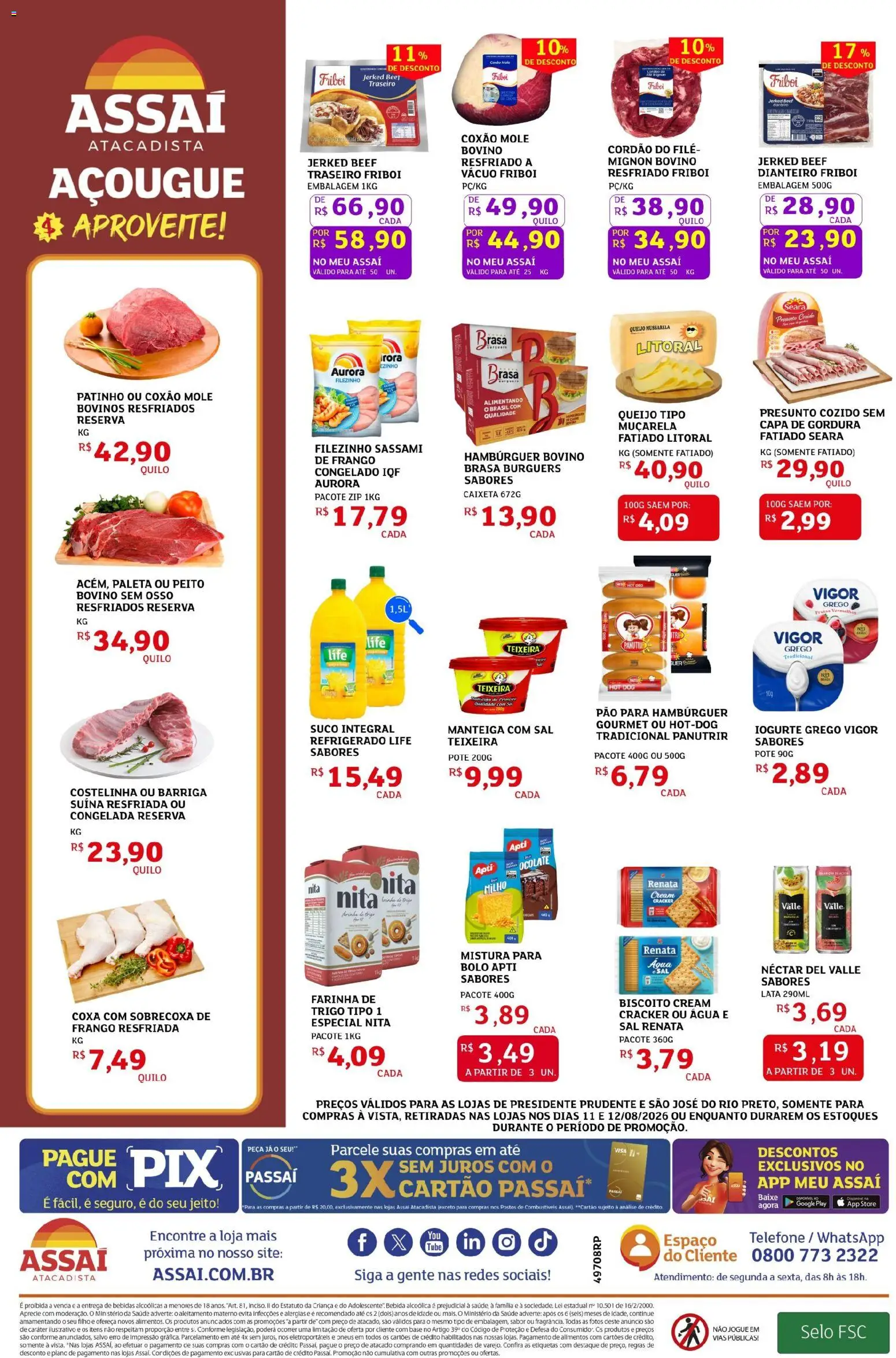 Assaí Atacadista Folheto - válido de 11/08/2026 | Página: 2 | Produtos: Coxão mole, Filé mignon, Pão, Cream cracker