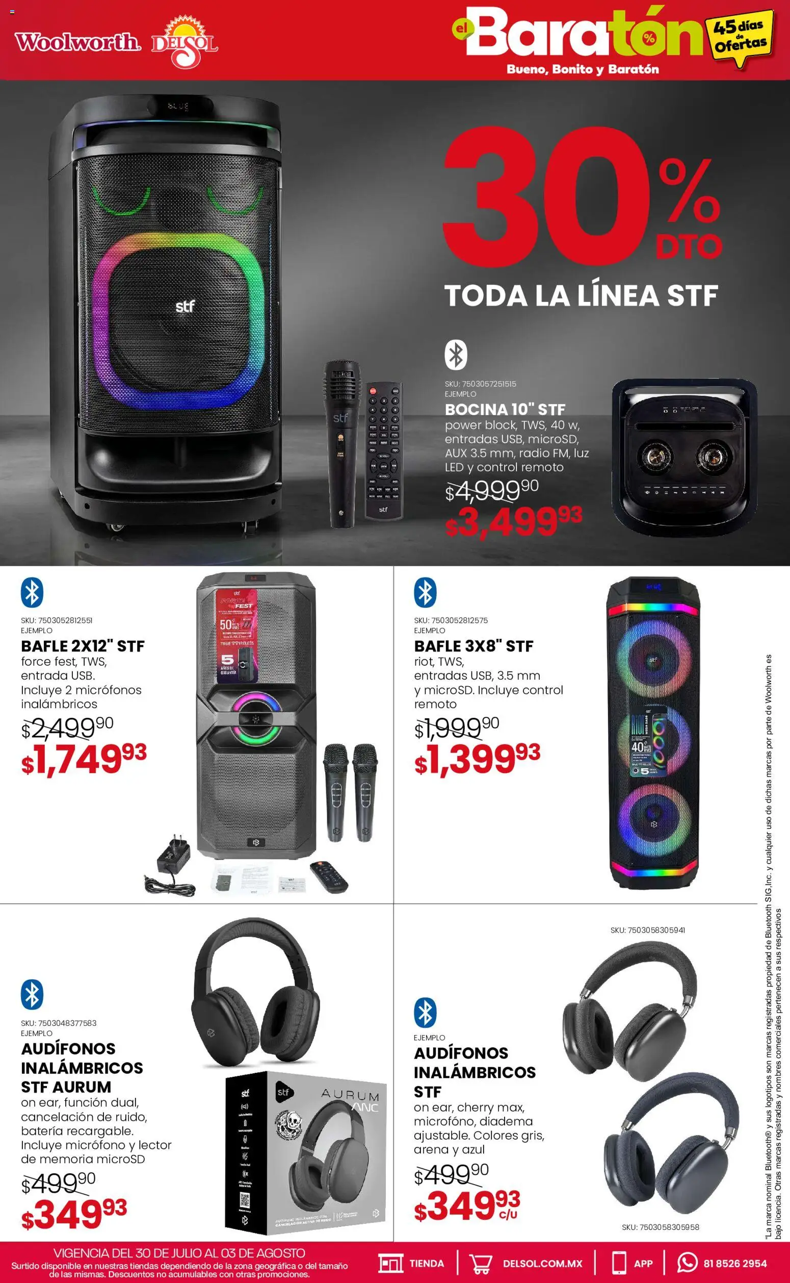 Nuevas ofertas de Del Sol y Woolworth válidas en toda la República Mexicana desde el 30/07/2026. ¡Encuentra las mejores ofertas en Del Sol y Woolworth catálogo Bueno, Bonito y Baratón! | Página: 10 | Productos: Radio, Audífonos, Control remoto, Bocina