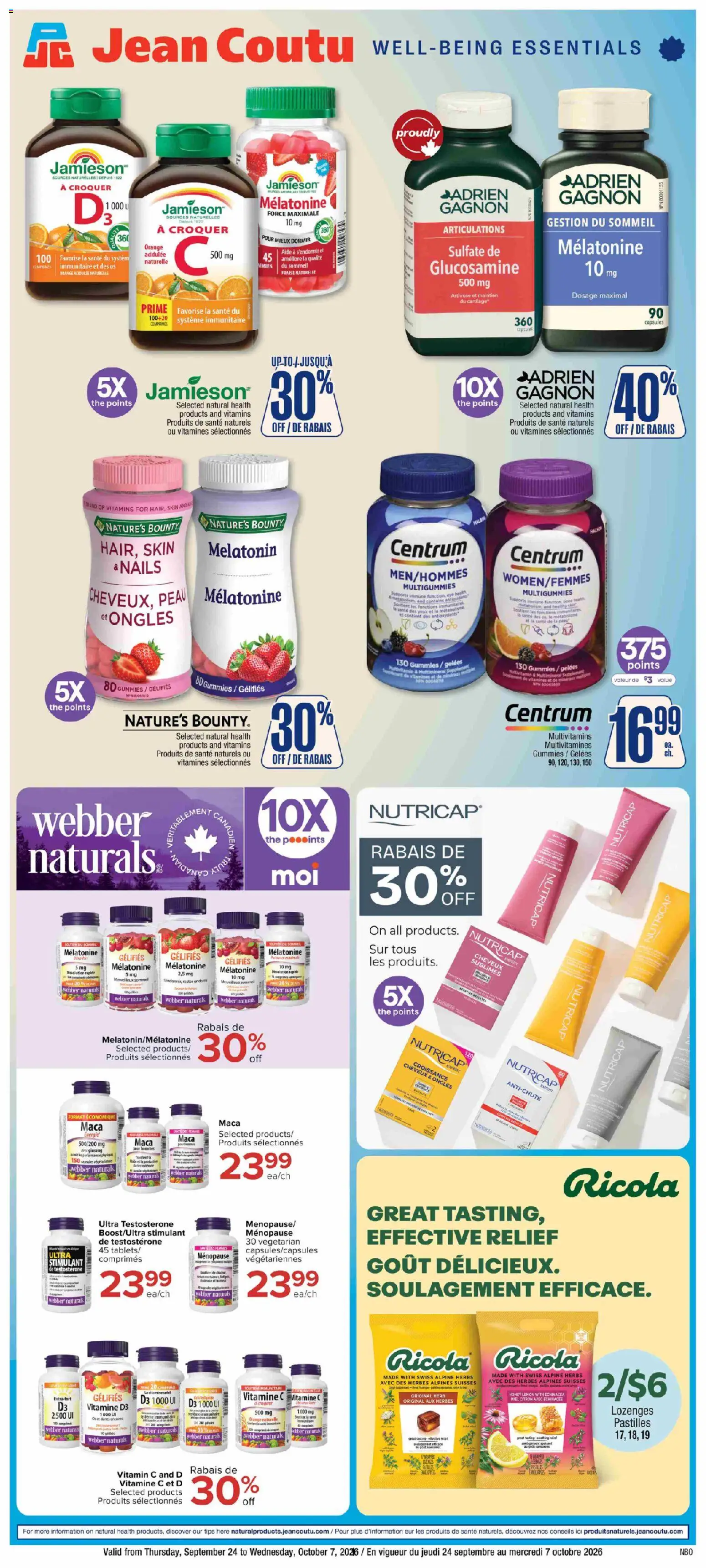 Jean Coutu flyer valid from Sep 24, 2026 | Page: 1 | Products: Herbs, Honey, Capsules, Skirt