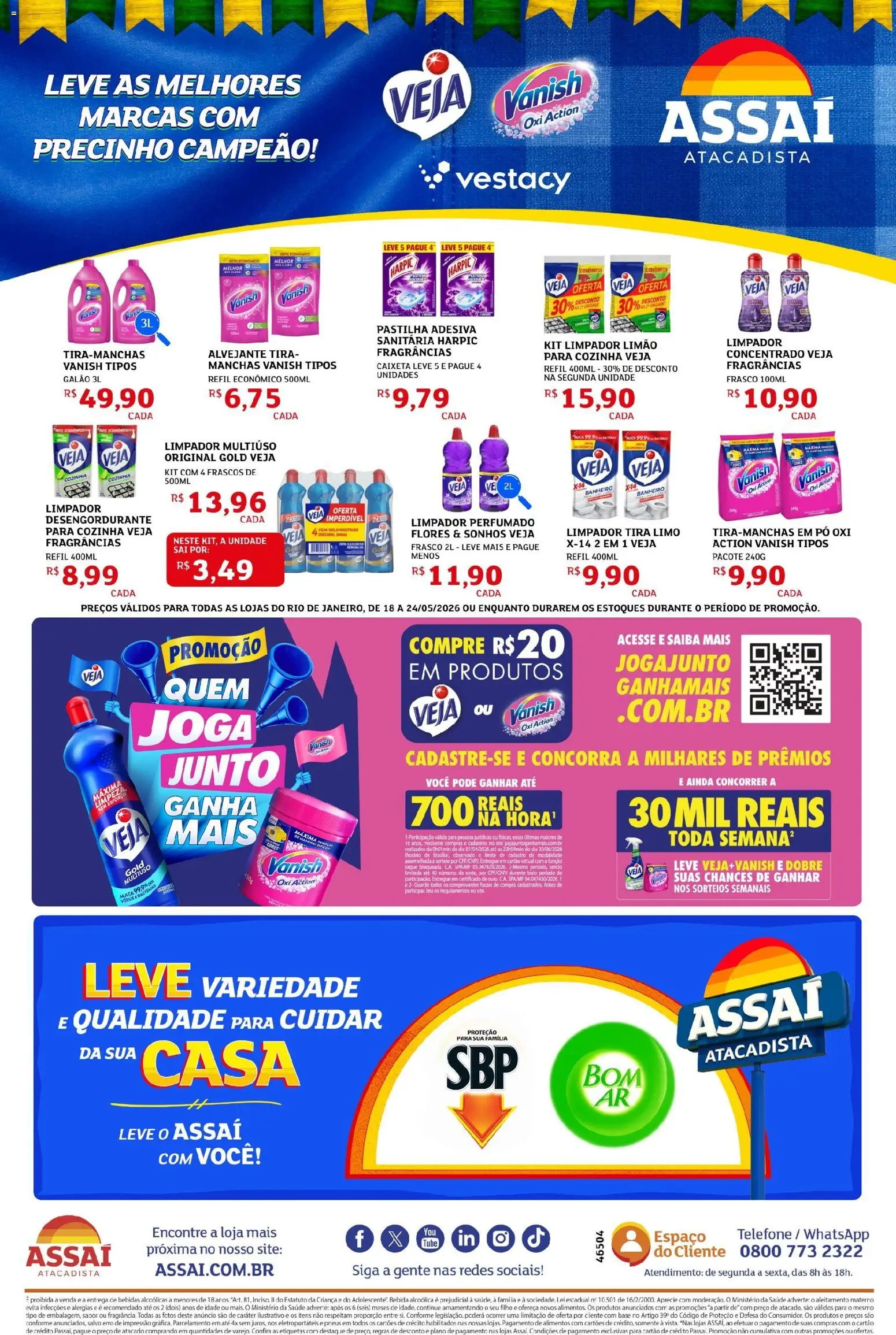 Assaí Atacadista Folheto - válido de 18.05.2026 | Página: 2 | Produtos: Alvejante, Limpador multiuso, Saquê, Telefone