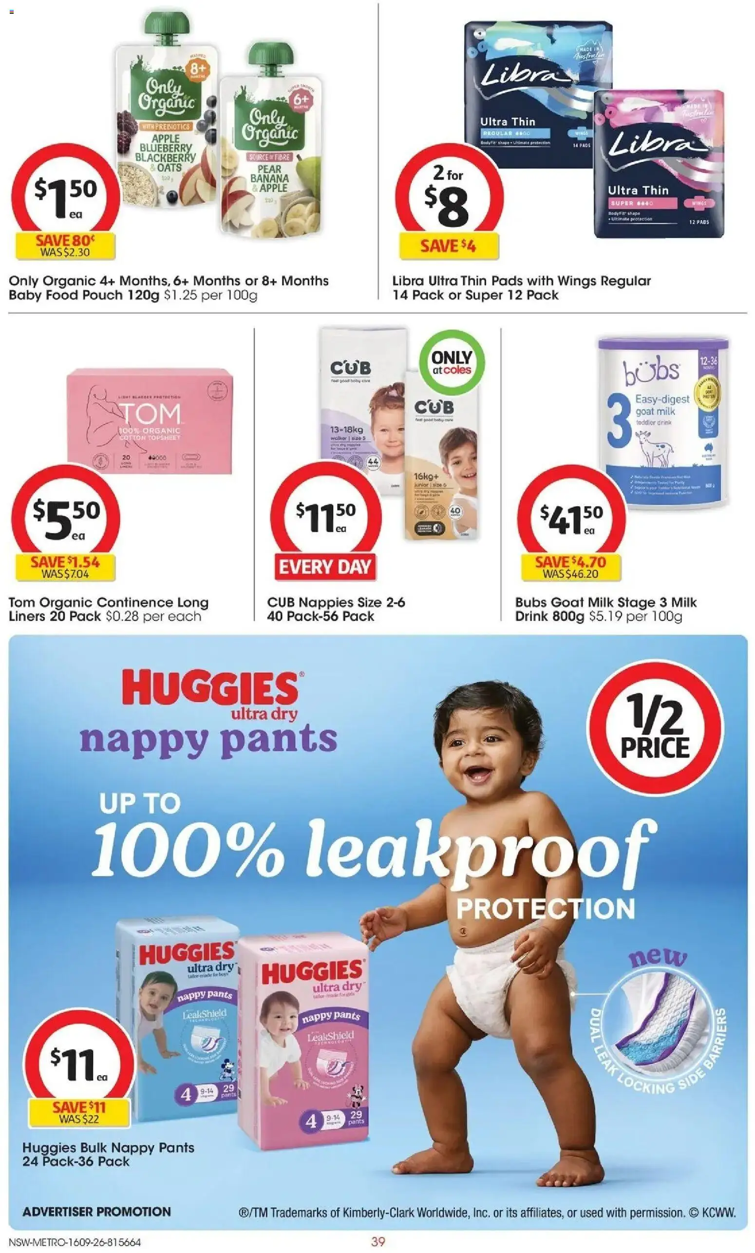 Coles catalogue - valid from 16/09/2026 | Page: 39 | Products: Oats, Pear, Diaper pants, Sanitary pads