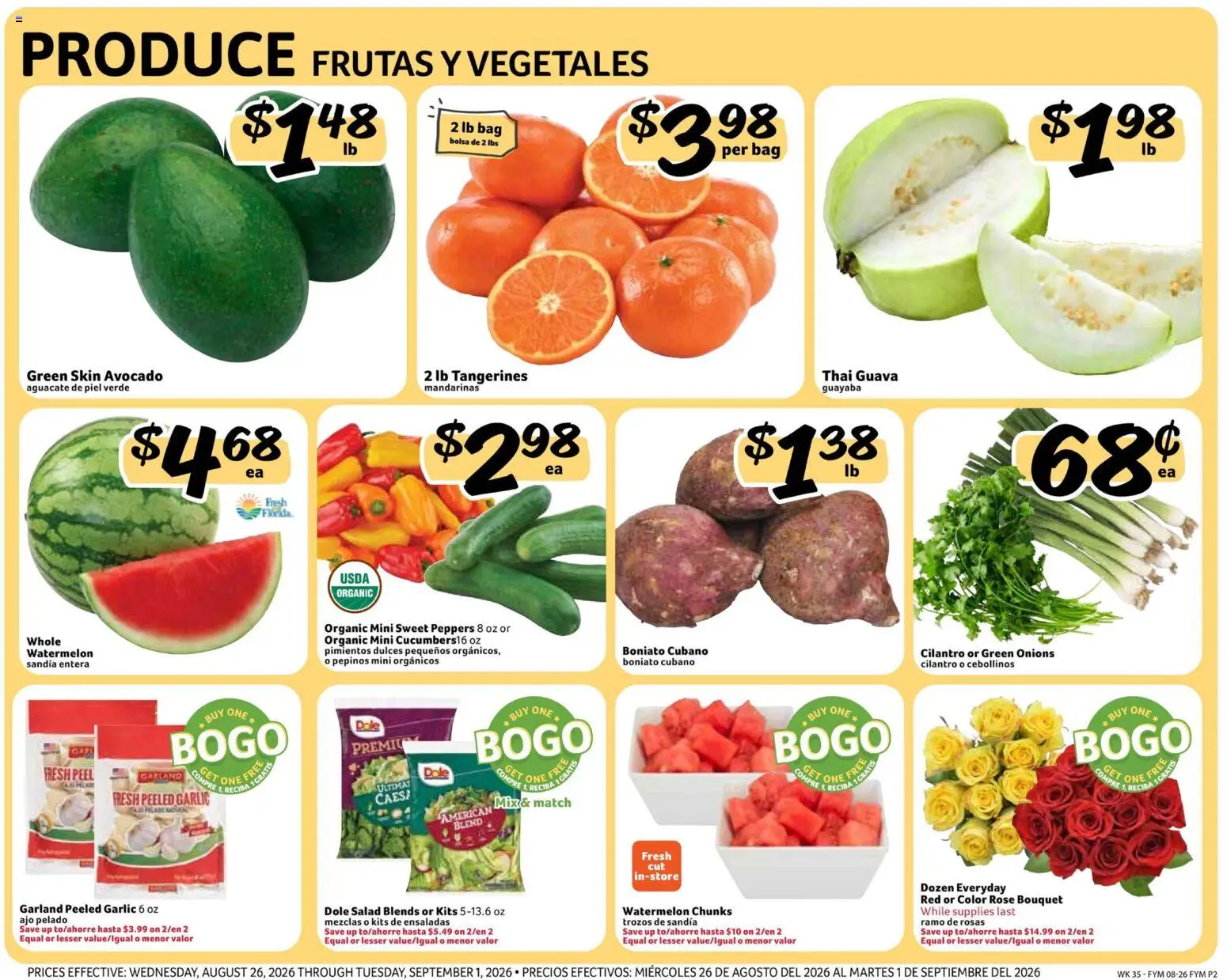 Fresco y Más Weekly Ad - valid from 08/26/2026 | Page: 2 | Products: Tangerines, Salad, Garlic, Bag
