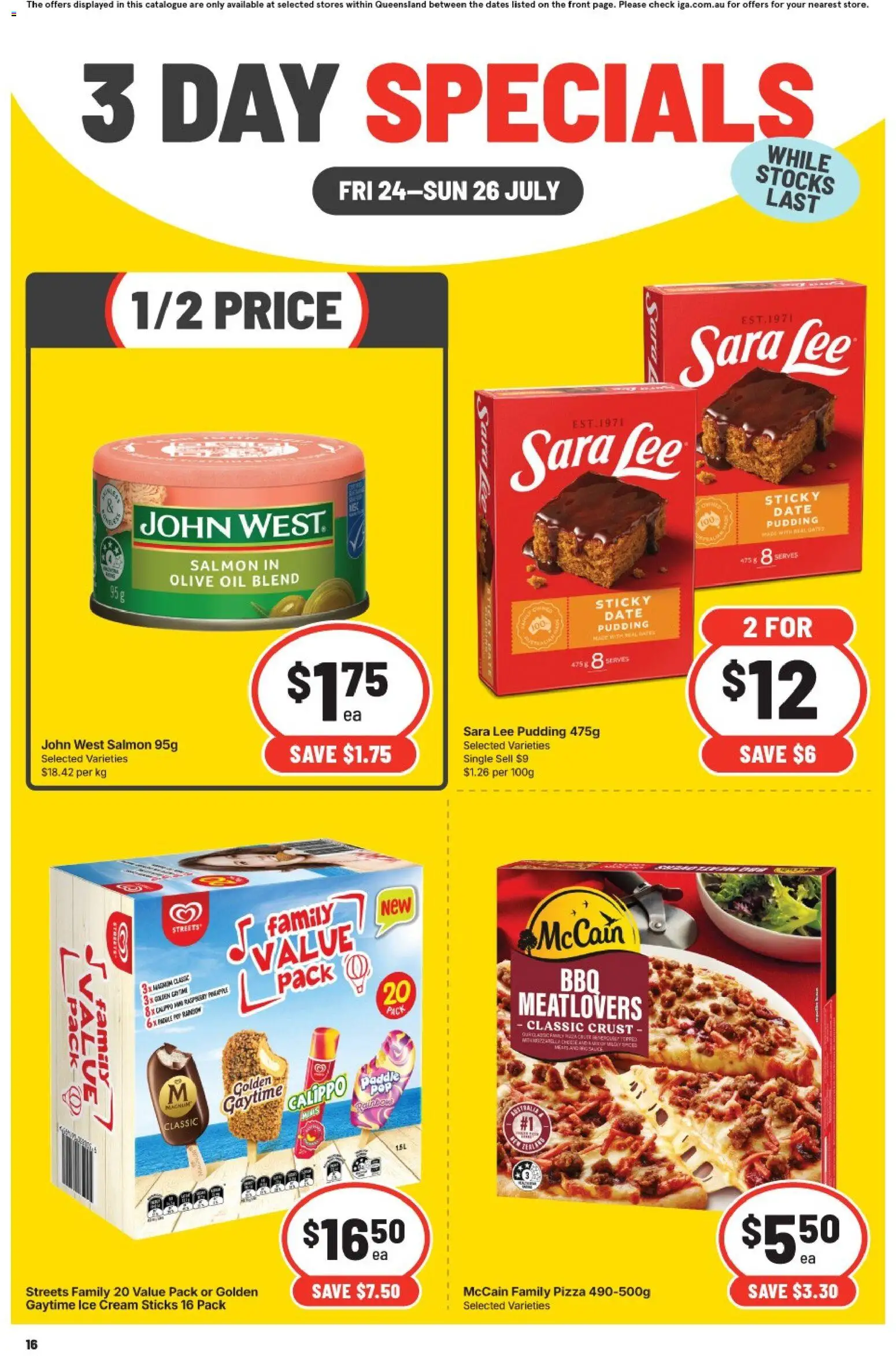 IGA catalogue - valid from 24/07/2026 | Page: 3 | Products: Oil, Pizza, Ice cream, Salmon