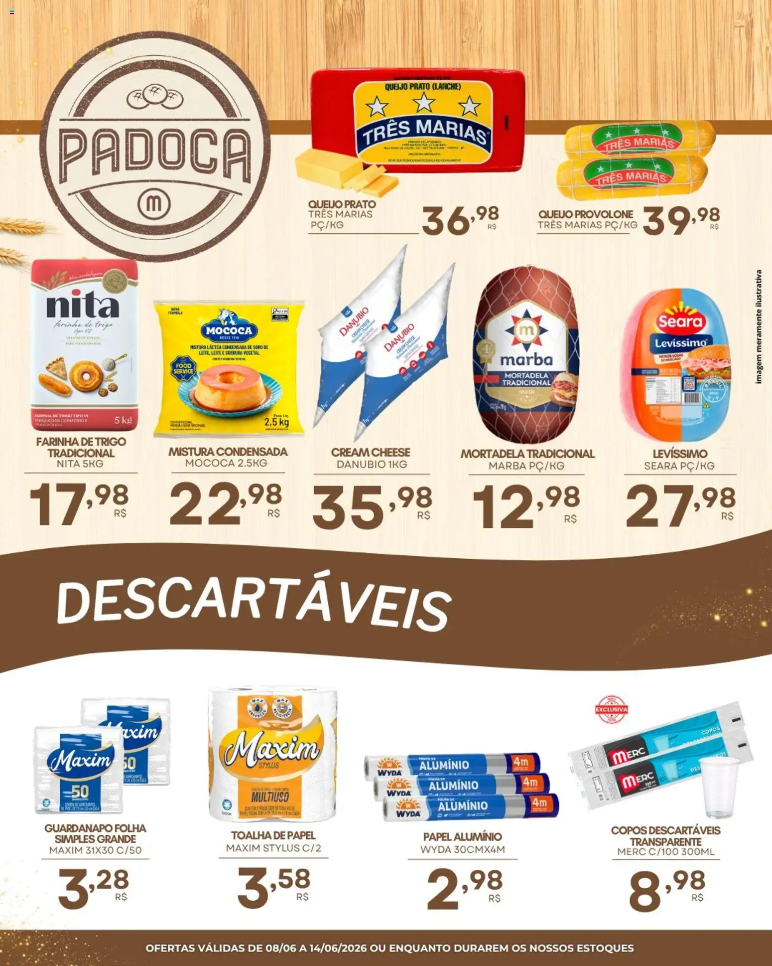 Mercadão Atacadista Folheto - válido de 08.06.2026 | Página: 4 | Produtos: Farinha de trigo, Queijo, Copos descartáveis, Guardanapo