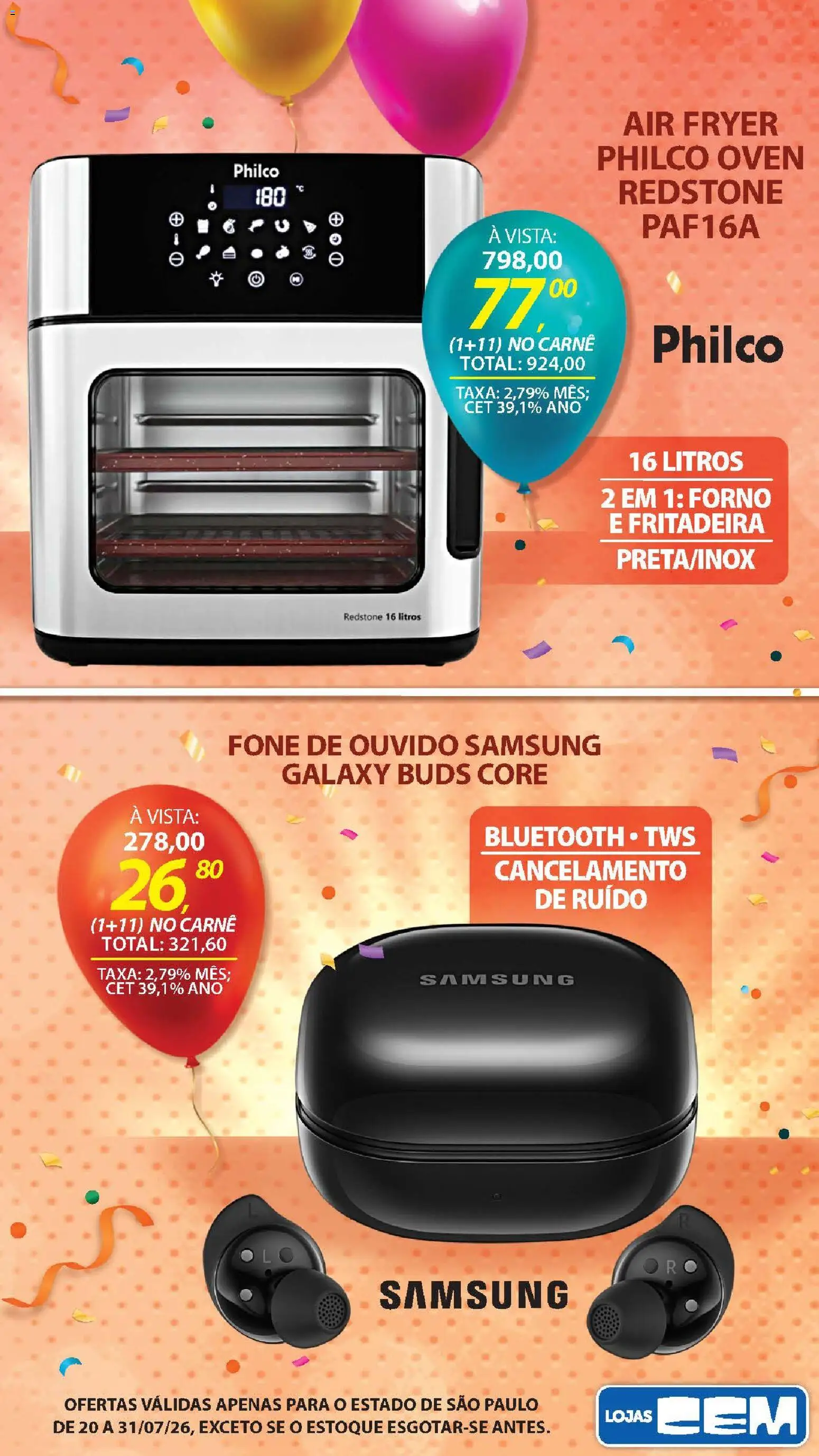 Lojas Cem Folheto - válido de 20/07/2026 | Página: 6 | Produtos: Forno, Air fryer, Carne, Fone de ouvido