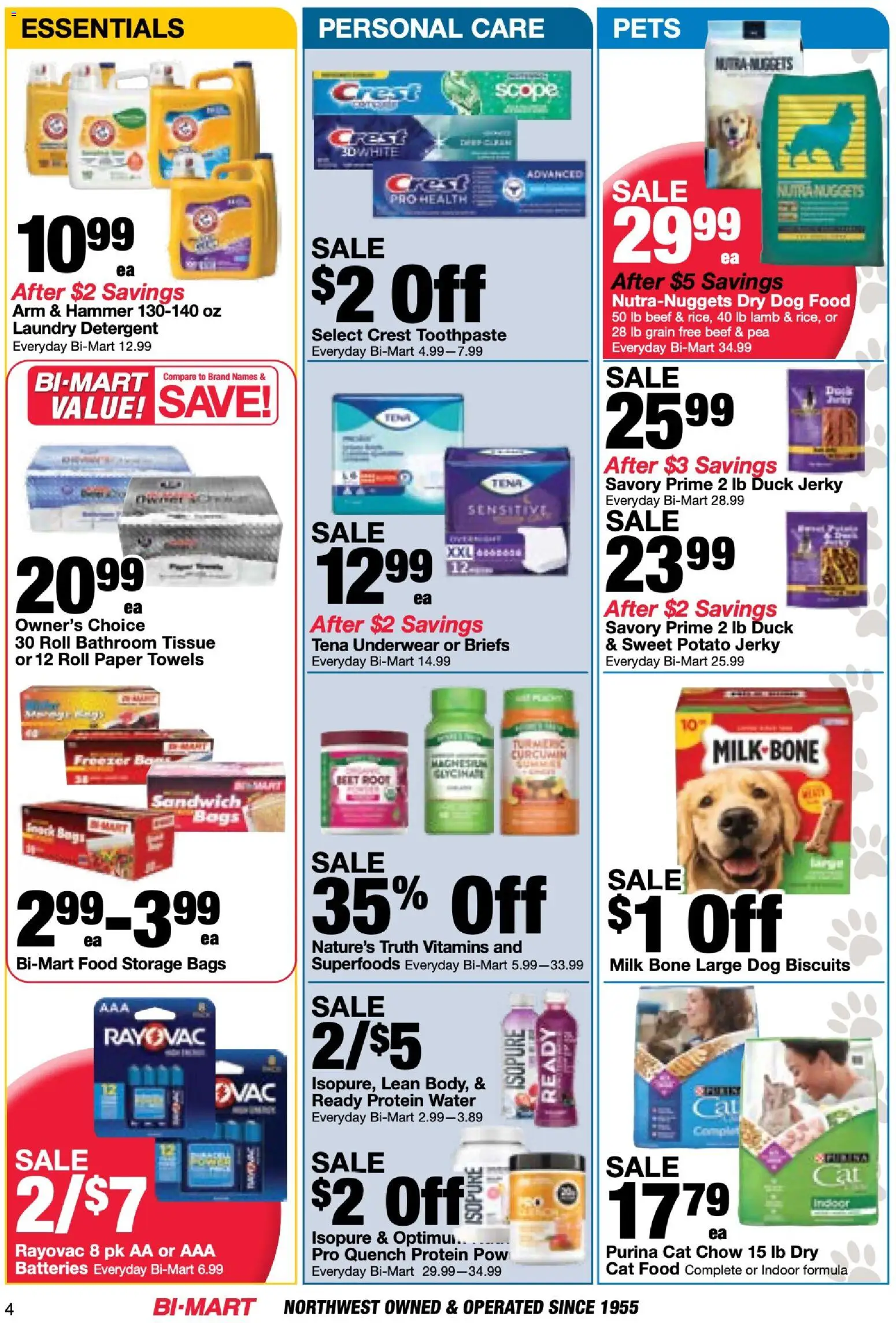 Bi-Mart Membership Savings Book - valid from 06/23/2026 | Page: 4 | Products: Cat Food, Beef, Detergent, Briefs