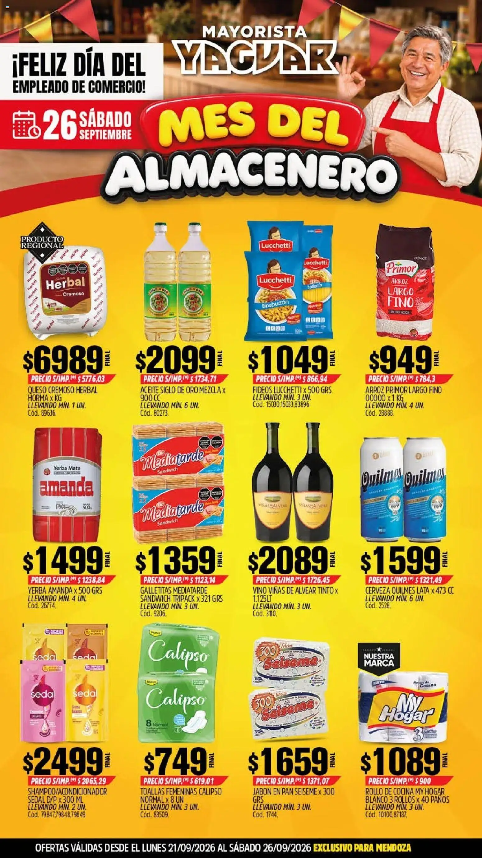 Yaguar - Oferta Semanal Mendoza │ válido desde el 21/09/2026 | Página: 1 | Productos: Aceite, Queso, Arroz, Fideos