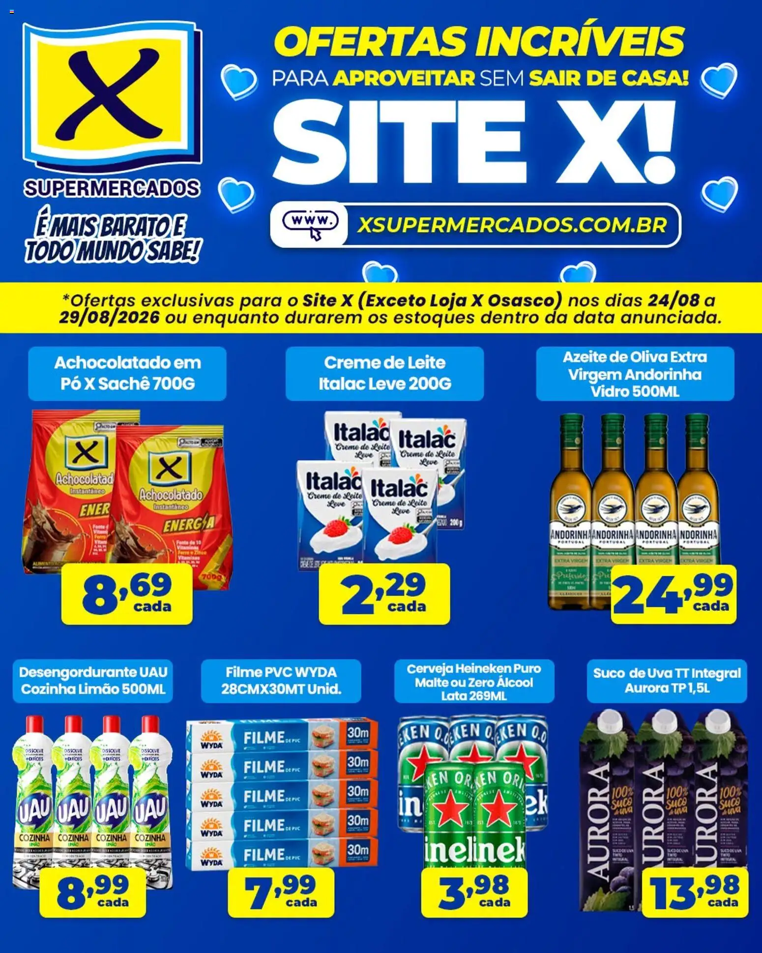 X Supermercados Folheto - válido de 24/08/2026 | Página: 2 | Produtos: Leite, Cerveja, Creme de leite, Azeite de oliva