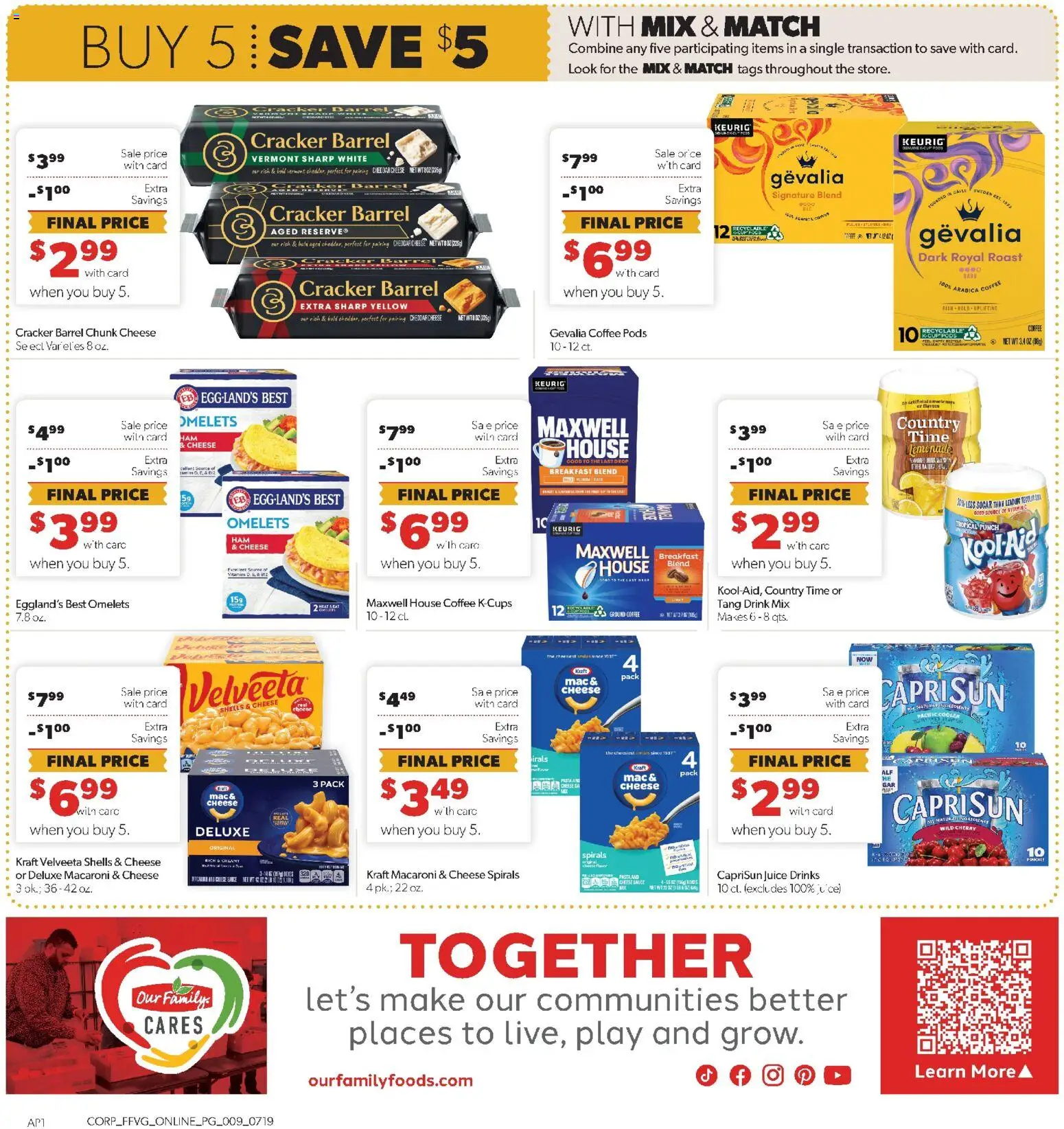 Family Fare Weekly Ad - valid from 07/19/2026 | Page: 5 | Products: Pasta, Ground coffee, Cheddar cheese, Lemonade