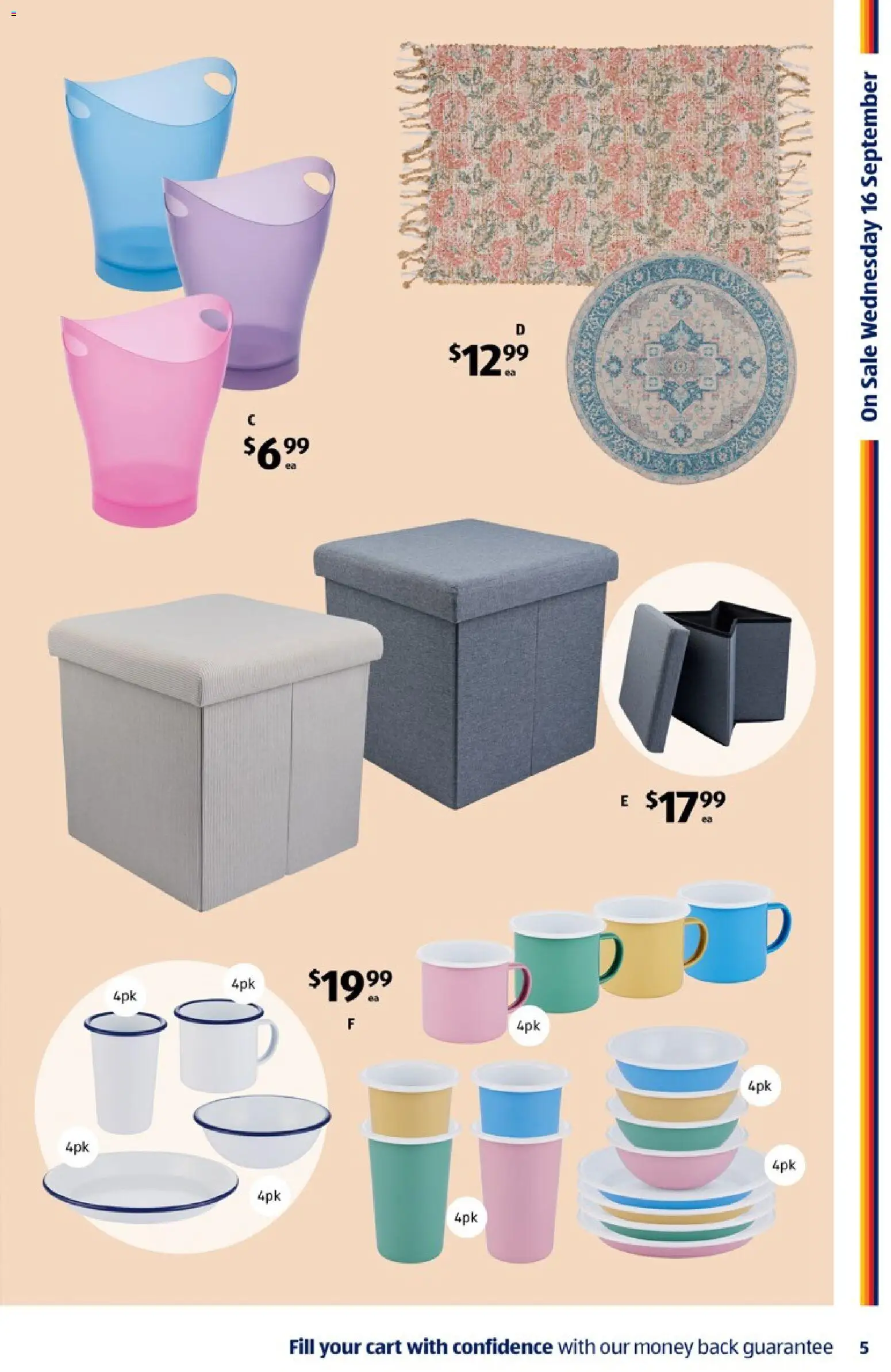 Aldi catalogue - valid from 08/09/2026 | Page: 5 | Products: Rug, Cups, Cart, Ottoman