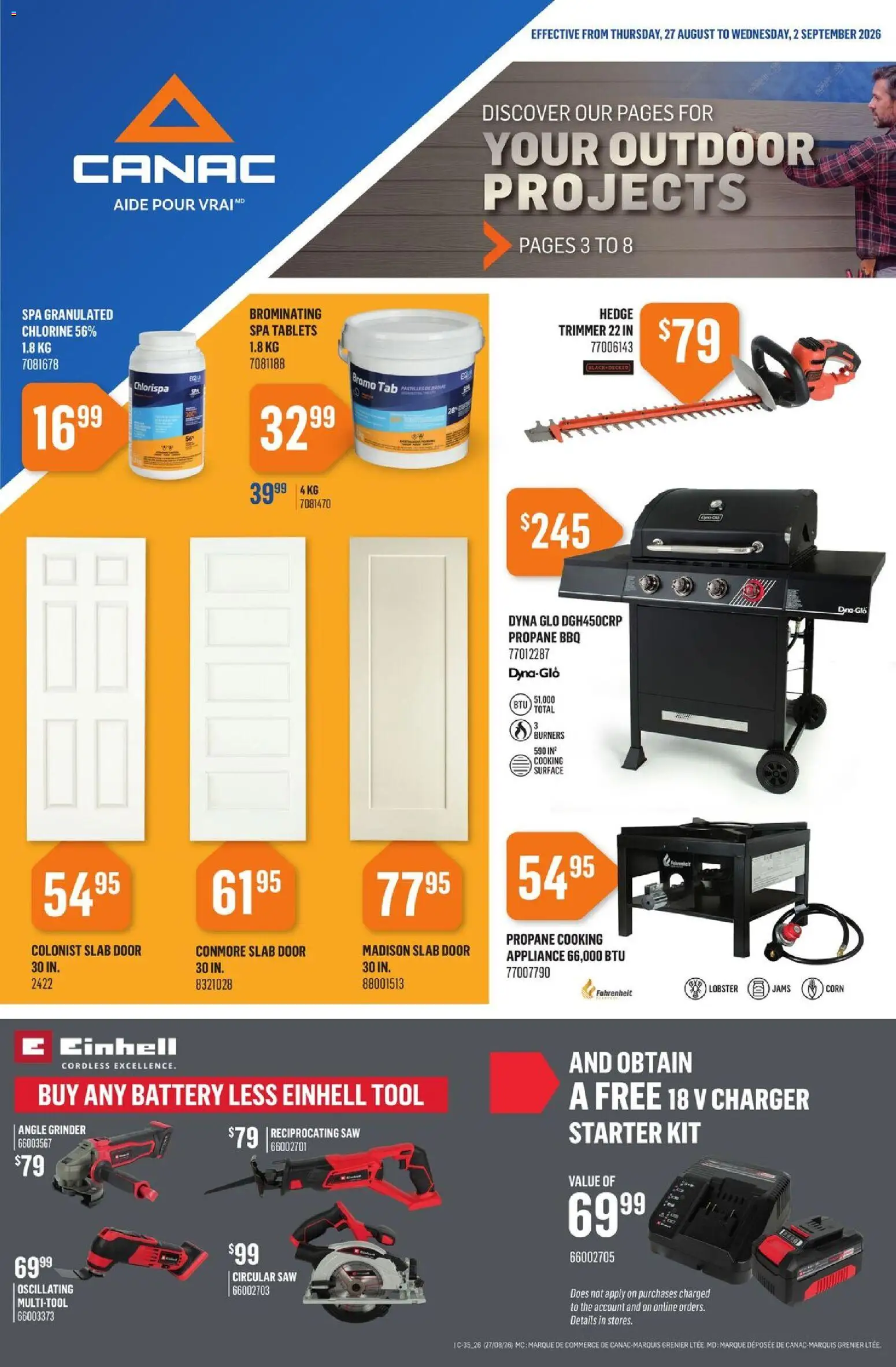 Canac flyer valid from Aug 27, 2026 | Page: 1 | Products: Grinder, Jams, Corn, Battery