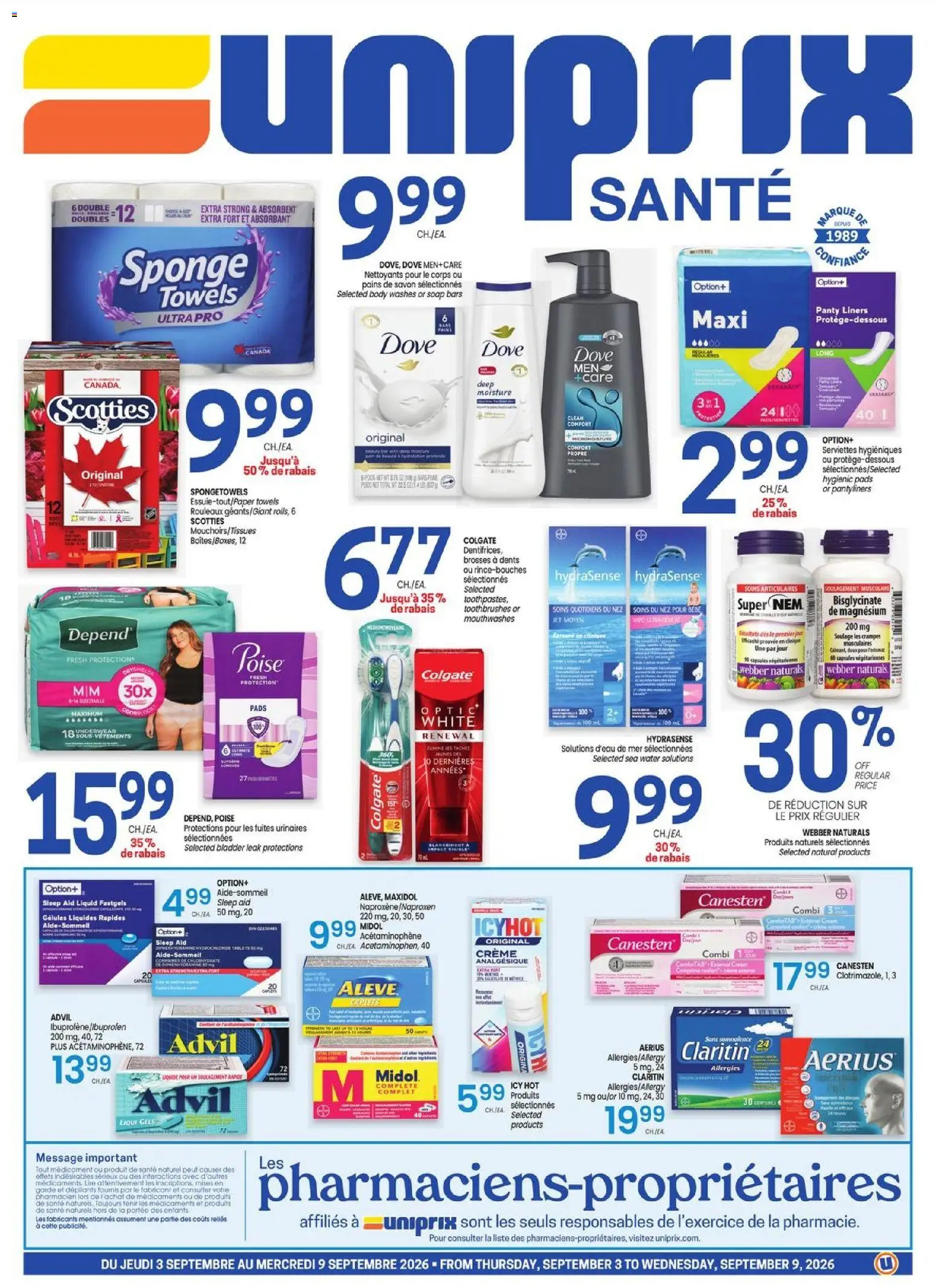 Uniprix flyer valid from Sep 3, 2026 | Page: 1 | Products: Sponge, Soap, Towels, Panty liners