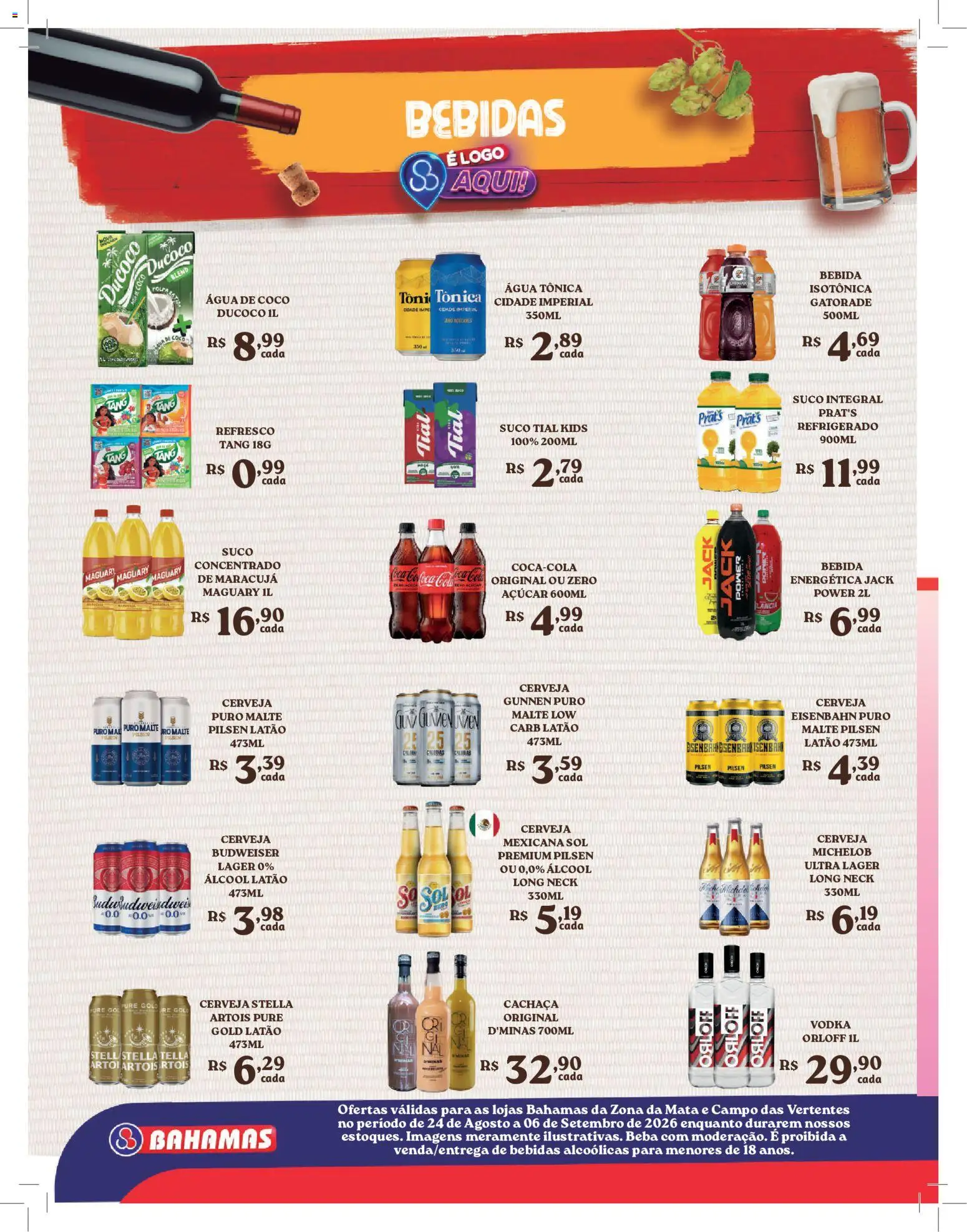 Bahamas Supermercados Folheto - válido de 24/08/2026 | Página: 8 | Produtos: Álcool, Gatorade, Suco, Água