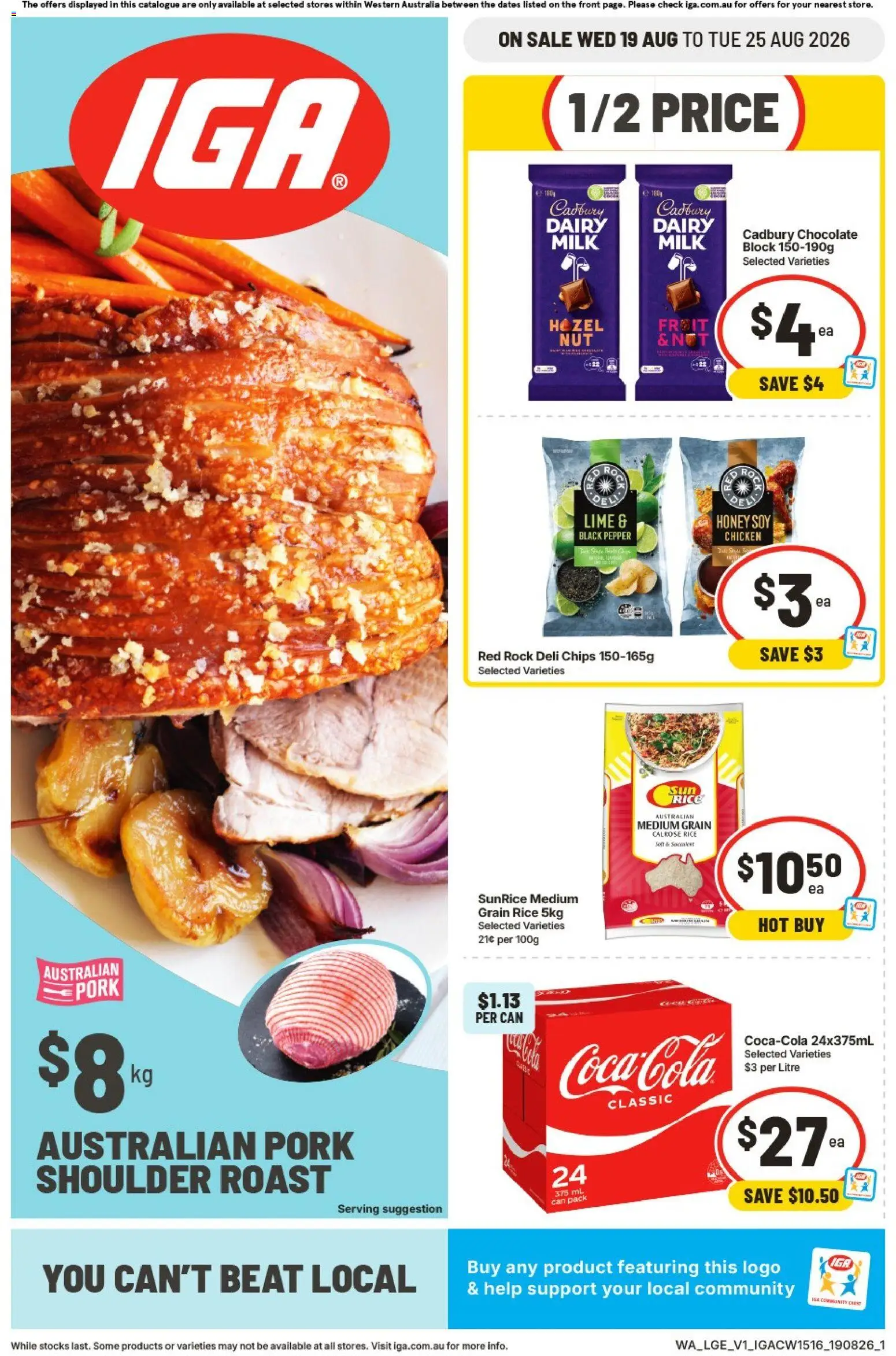 IGA catalogue - valid from 19/08/2026 | Page: 1 | Products: Milk, Honey, Pork, Rice