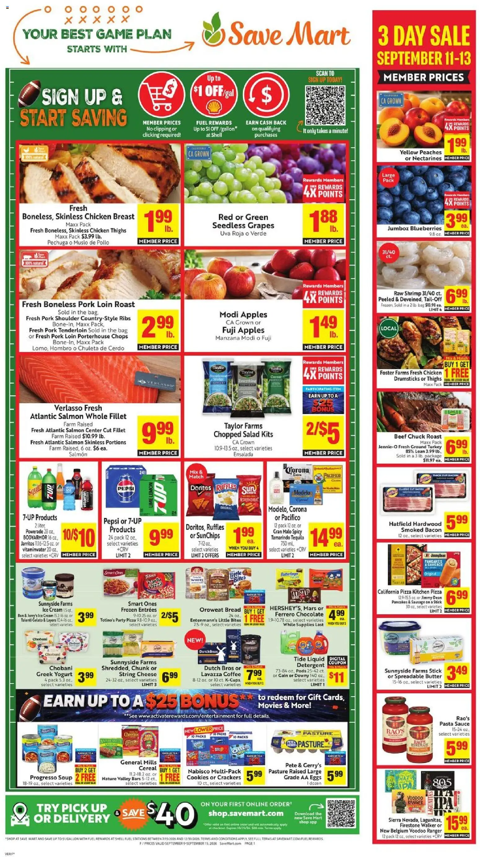 Save Mart Weekly Ad - valid from 09/09/2026 | Page: 1 | Products: Pork shoulder, Shrimp, Eggs, Lemon