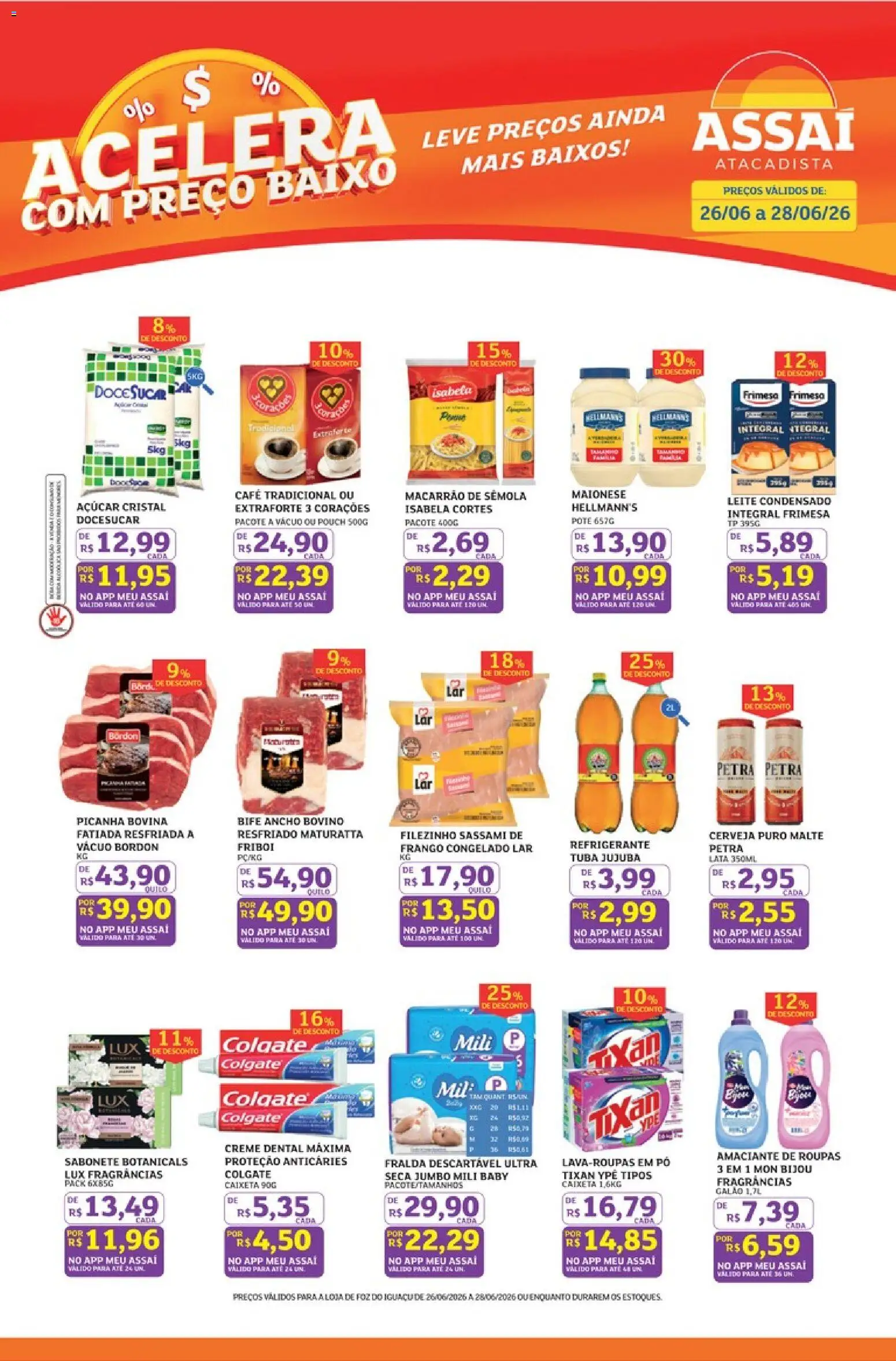 Assaí Atacadista Folheto - válido de 26/06/2026 | Página: 1 | Produtos: Picanha, Roupas, Refrigerante, Amaciante