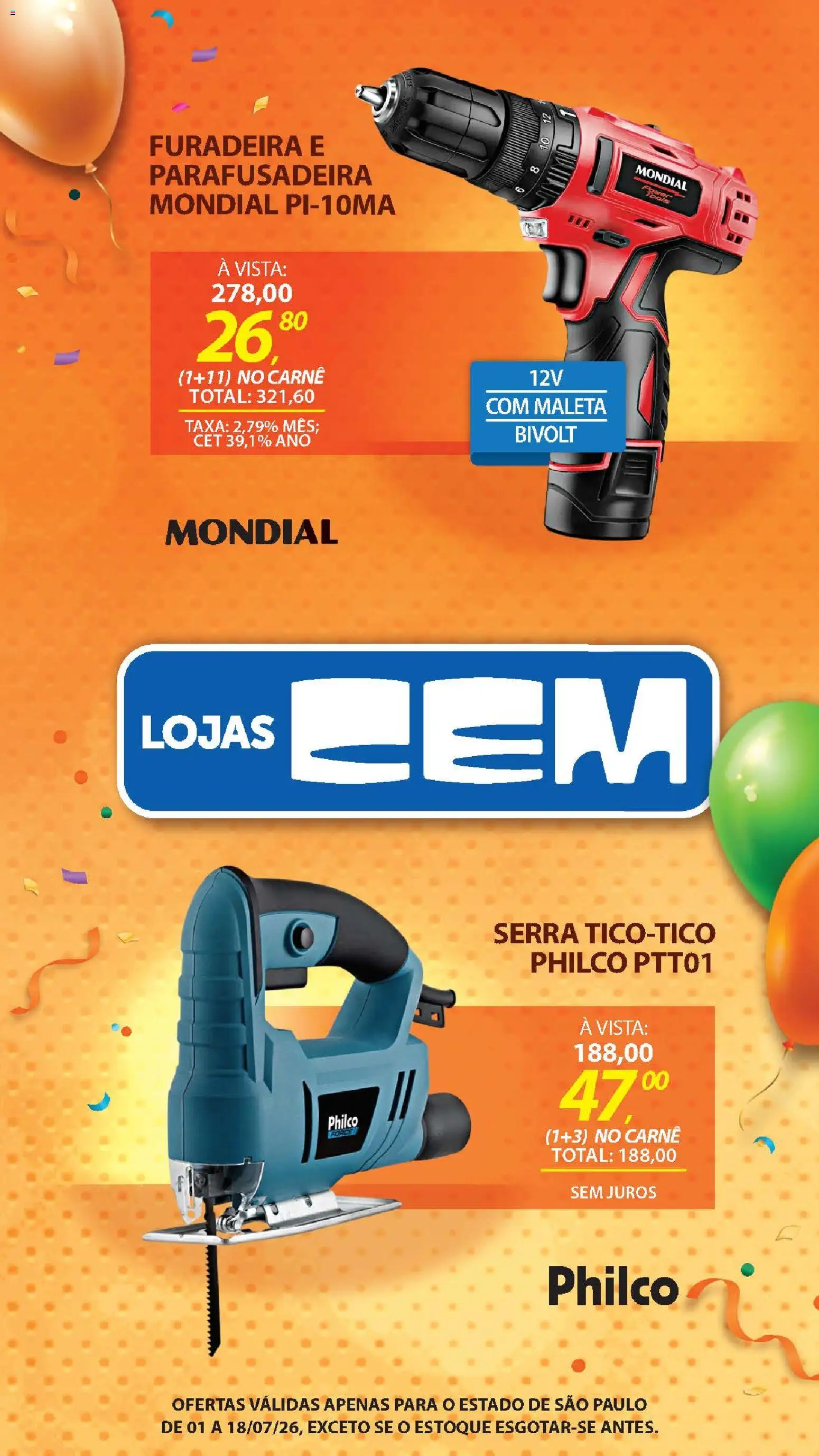 Lojas Cem Folheto - válido de 01/07/2026 | Página: 124 | Produtos: Furadeira, Carne, Parafusadeira