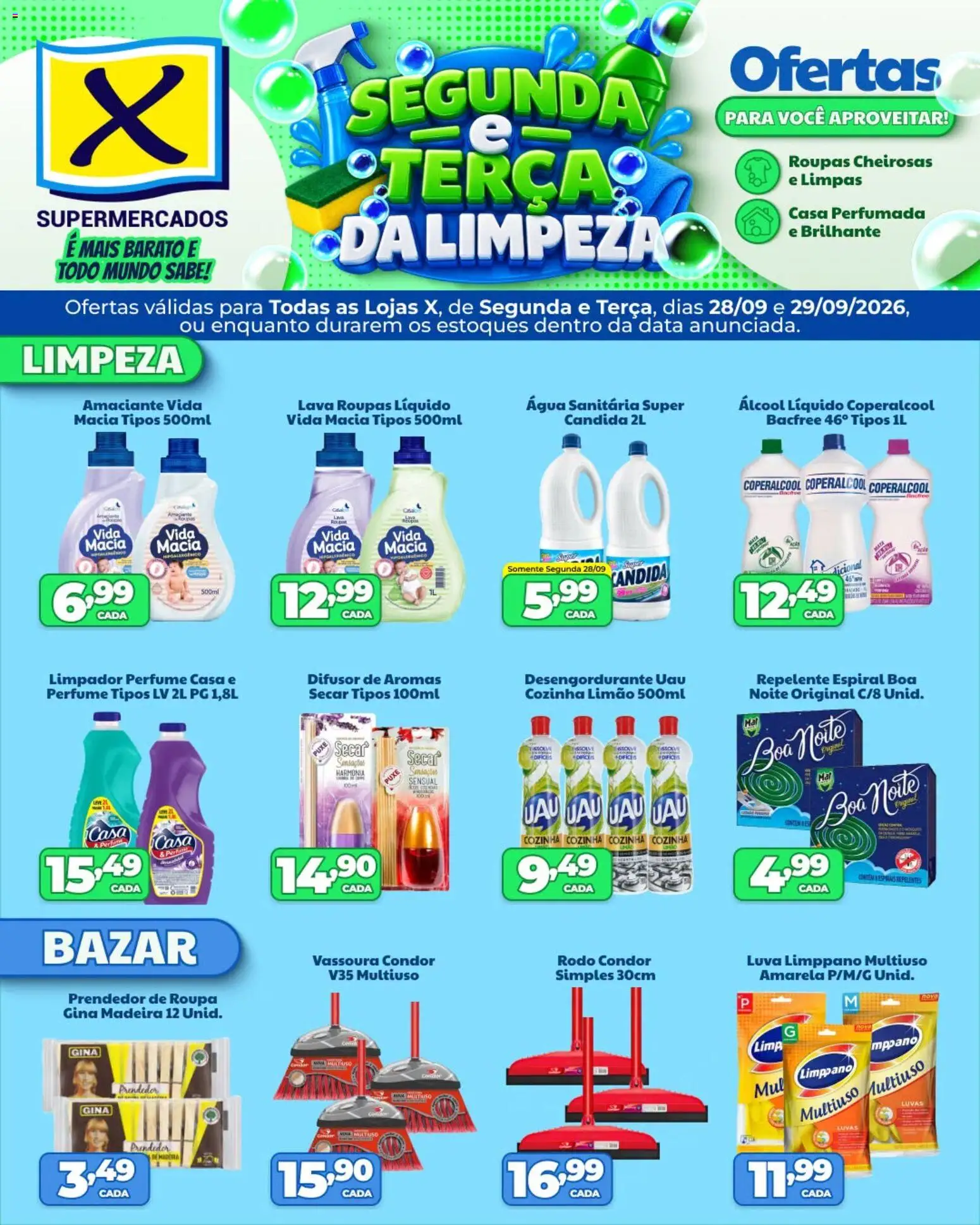 X Supermercados Folheto - válido de 28/09/2026 | Página: 1 | Produtos: Perfume, Roupas, Repelente, Rodo