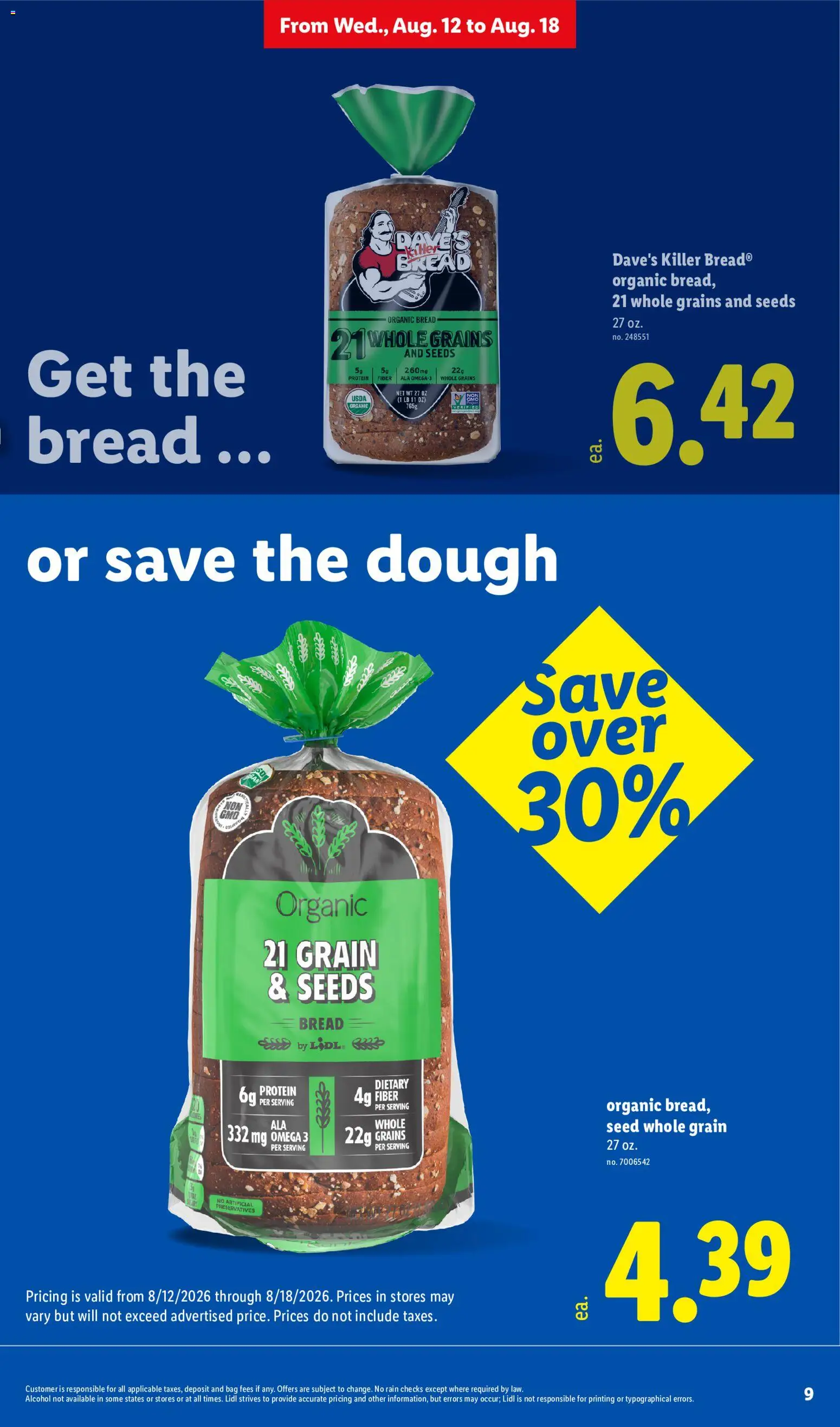 Lidl Weekly Ad - valid from 08/12/2026 | Page: 9 | Products: Organic bread, Omega, Protein, Bag