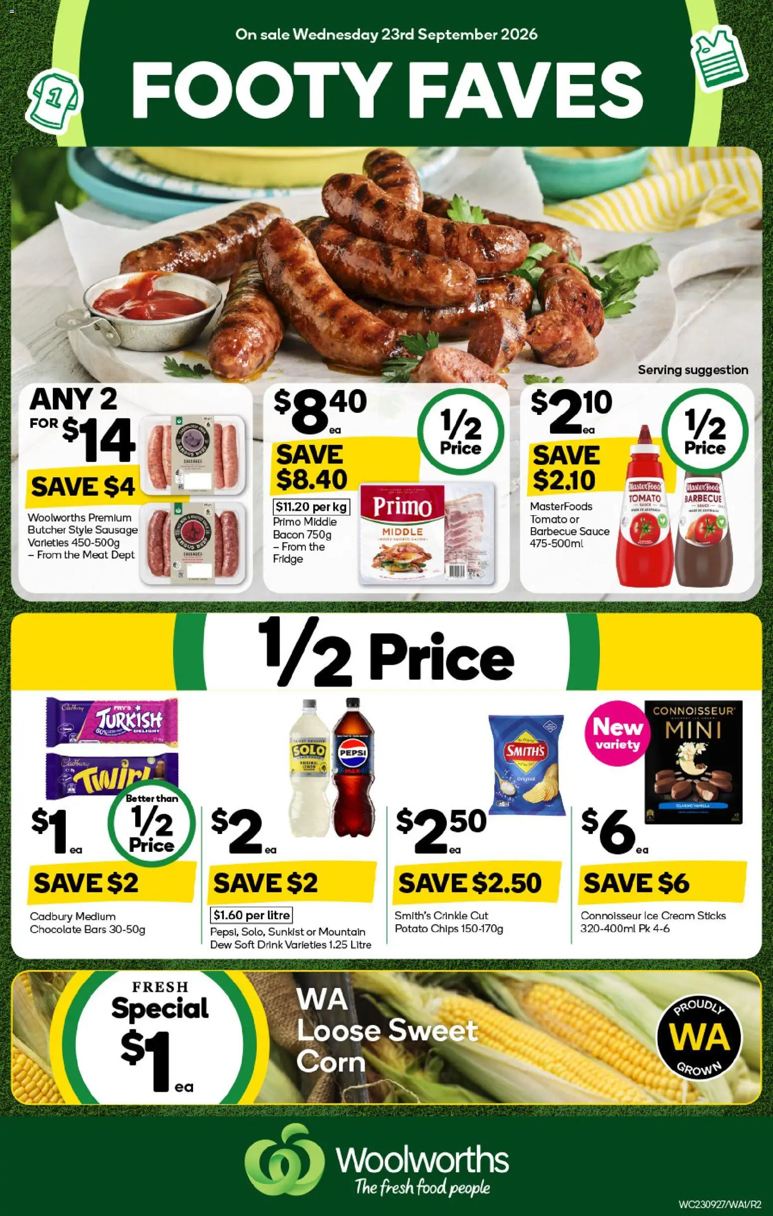 Woolworths catalogue - valid from 23/09/2026 | Page: 1 | Products: Food, Ice cream, Sausage, Fridge