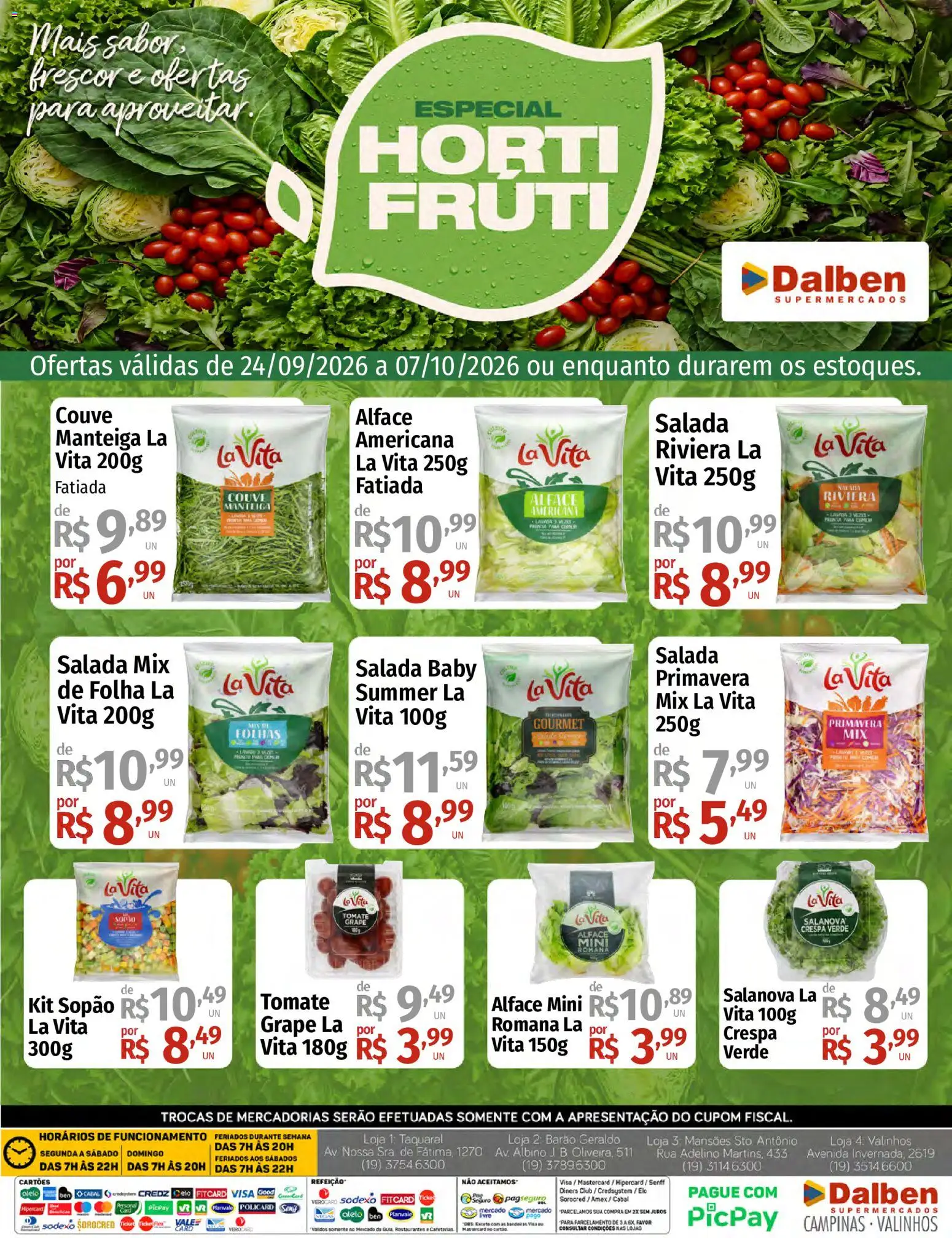 Supermercado Dalben Folheto - válido de 24/09/2026 | Página: 1 | Produtos: Tomate, Salada, Alface, Couve