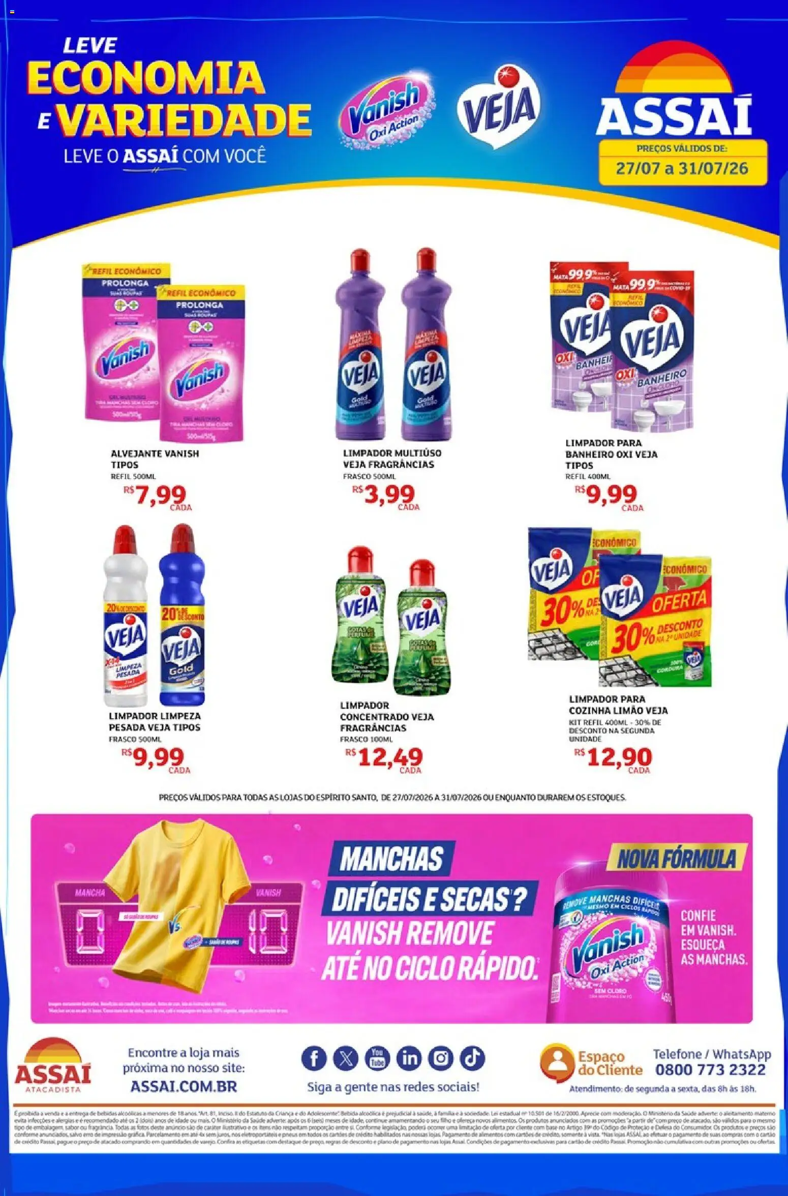 Assaí Atacadista Folheto - válido de 27/07/2026 | Página: 1 | Produtos: Alvejante, Limpador multiuso, Telefone, Vanish
