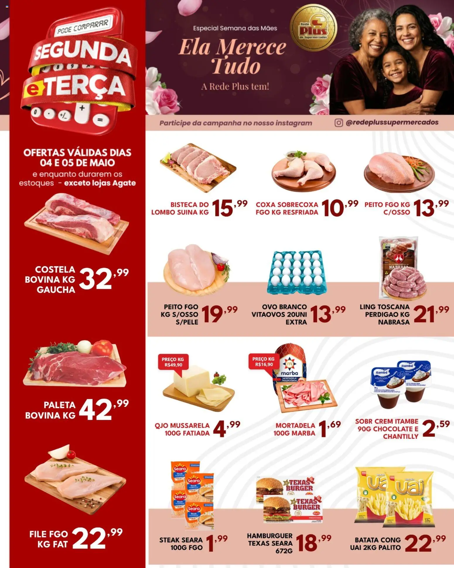Rede Plus Supermercados Folheto - válido de 04.05.2026 | Página: 1 | Produtos: Lombo, Mortadela, Hambúrguer, Batata
