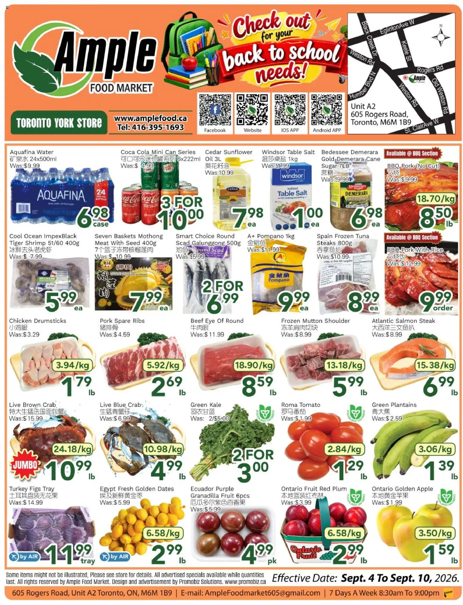 Ample Food Market flyer valid from Sep 4, 2026 | Page: 1 | Products: Drumsticks, Tomato, Shrimp, Kale