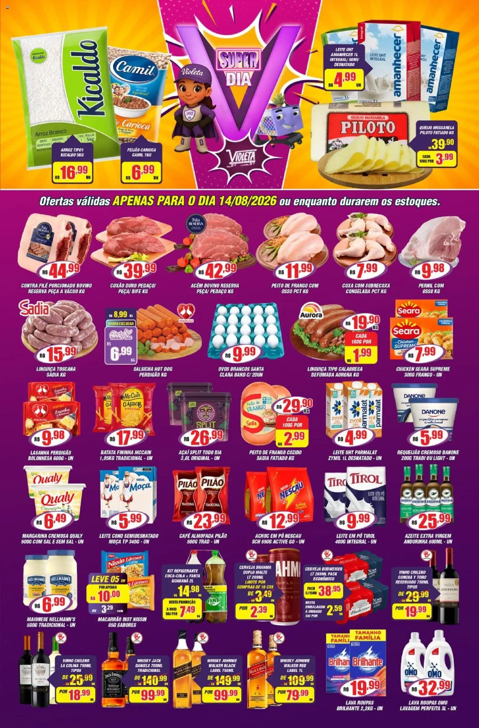 Violeta Supermercados Folheto - válido de 14/08/2026 | Página: 1 | Produtos: Azeite extra virgem, Macarrão, Margarina, Leite em pó