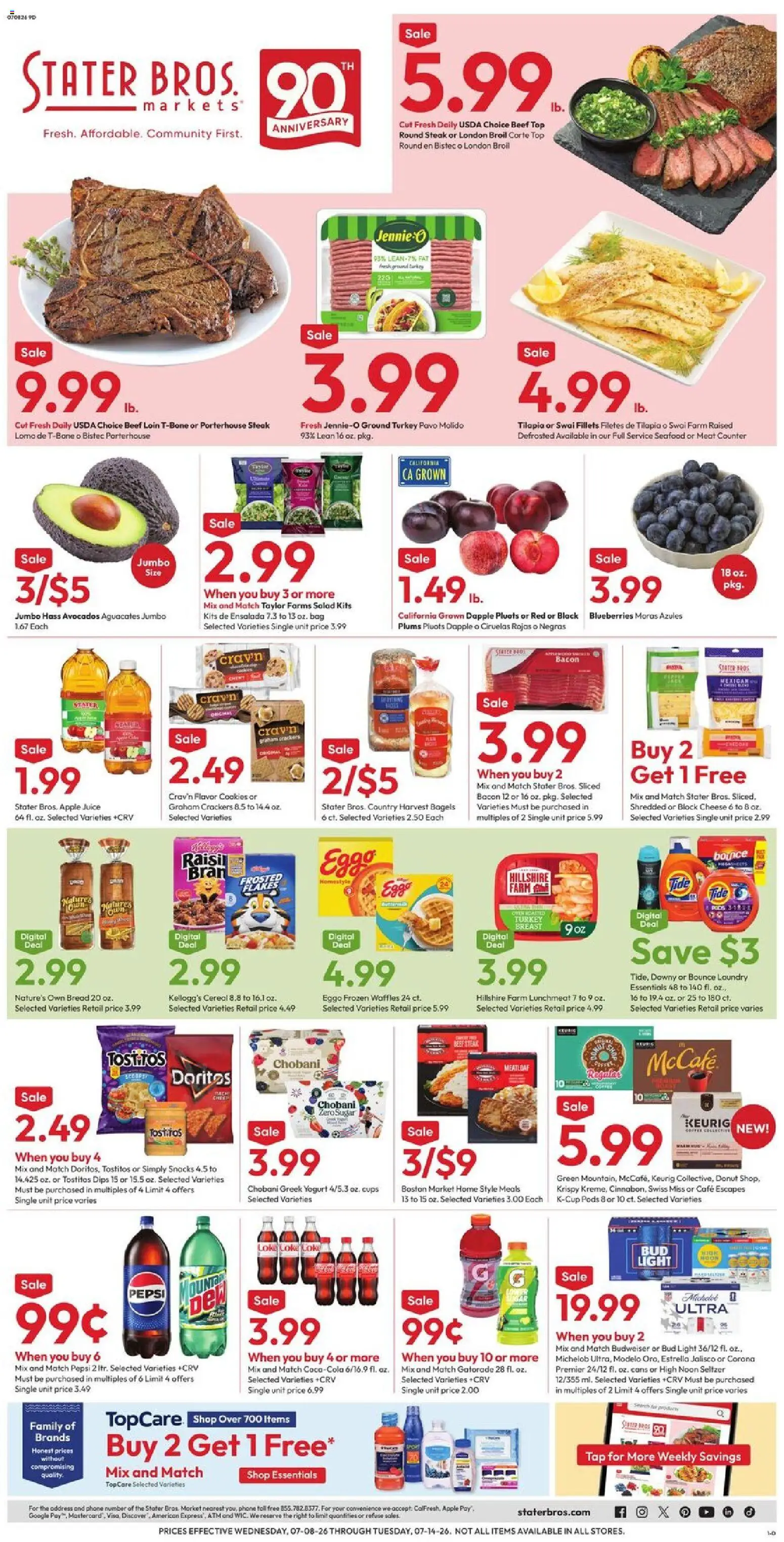 Stater Bros Weekly Ad - valid from 07/08/2026 | Page: 1 | Products: Yogurt, Bread, Beef, Blueberries