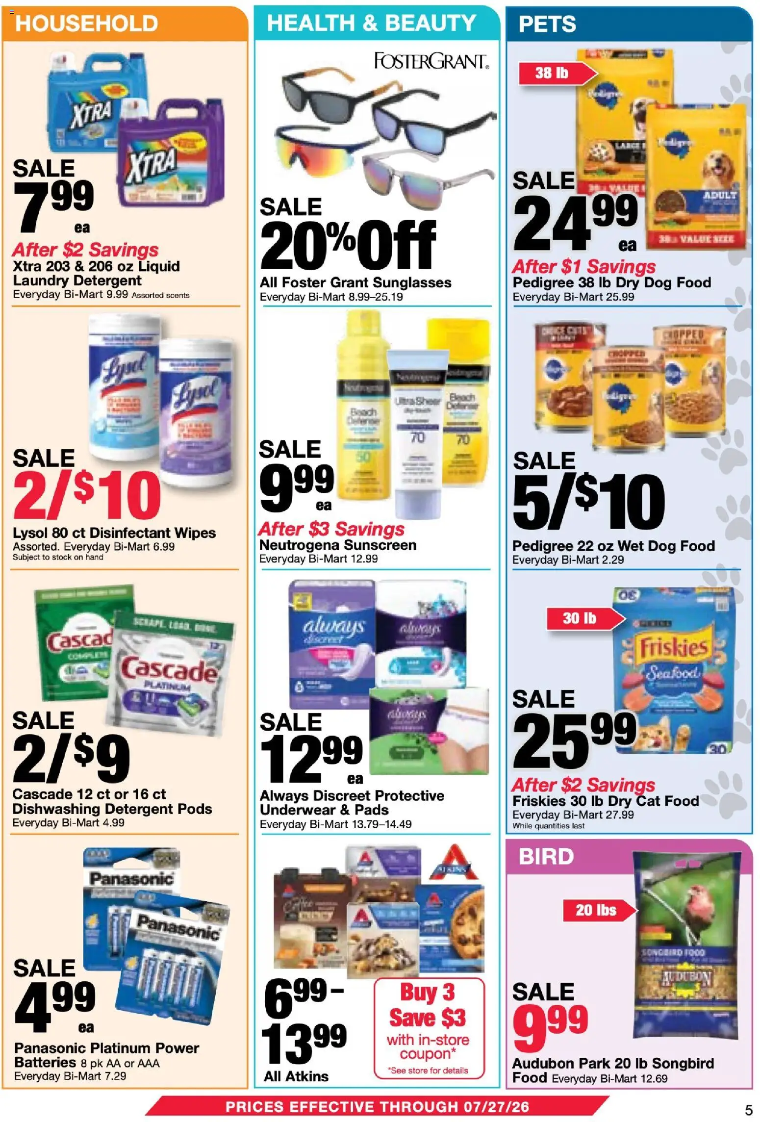 Bi-Mart Membership Savings Book - valid from 07/07/2026 | Page: 5 | Products: Dog Food, Sunscreen, Dishwashing detergent, Underwear