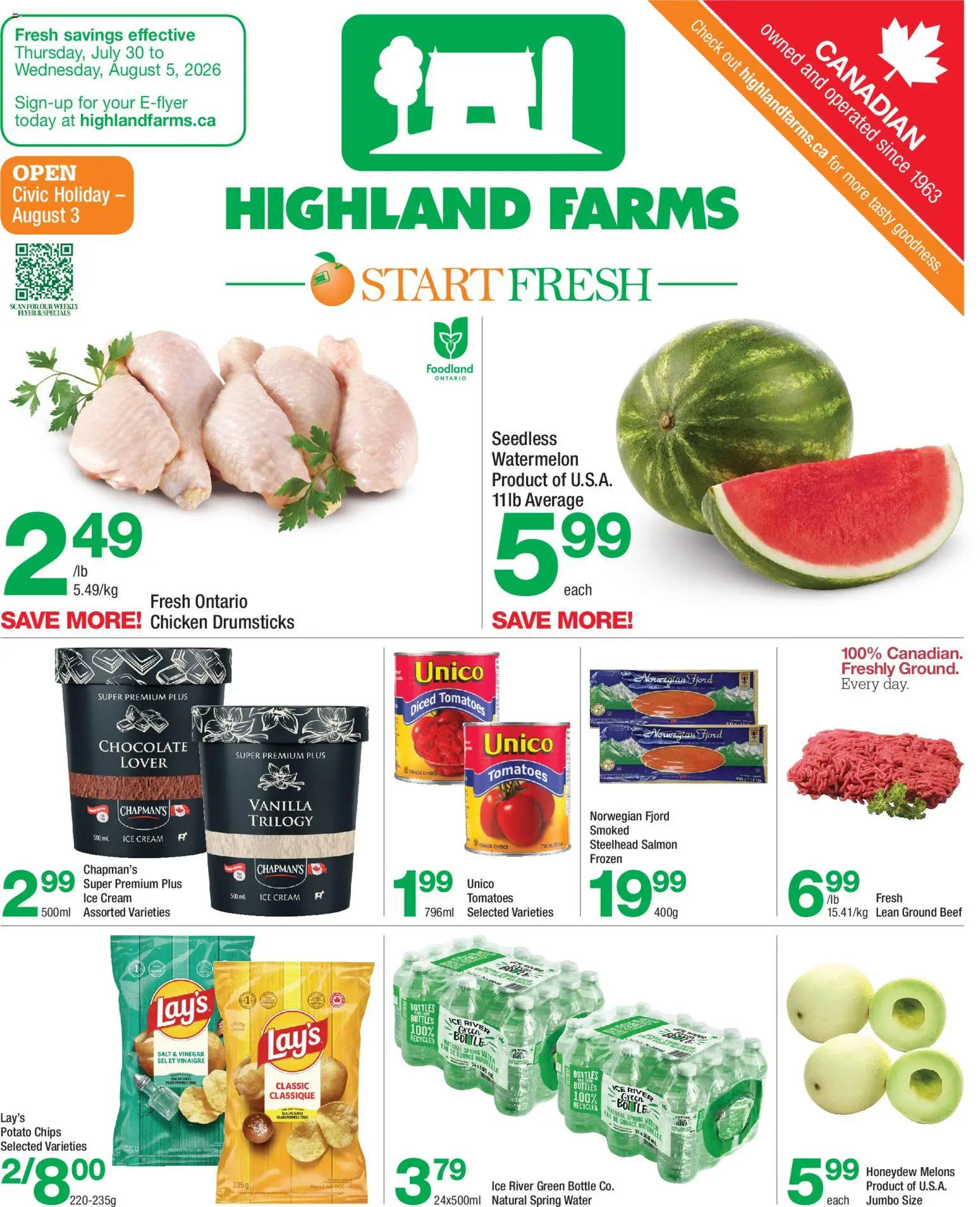 Highland Farms flyer valid from Jul 30, 2026 | Page: 1 | Products: Chips, Ice cream, Chocolate, Tomatoes