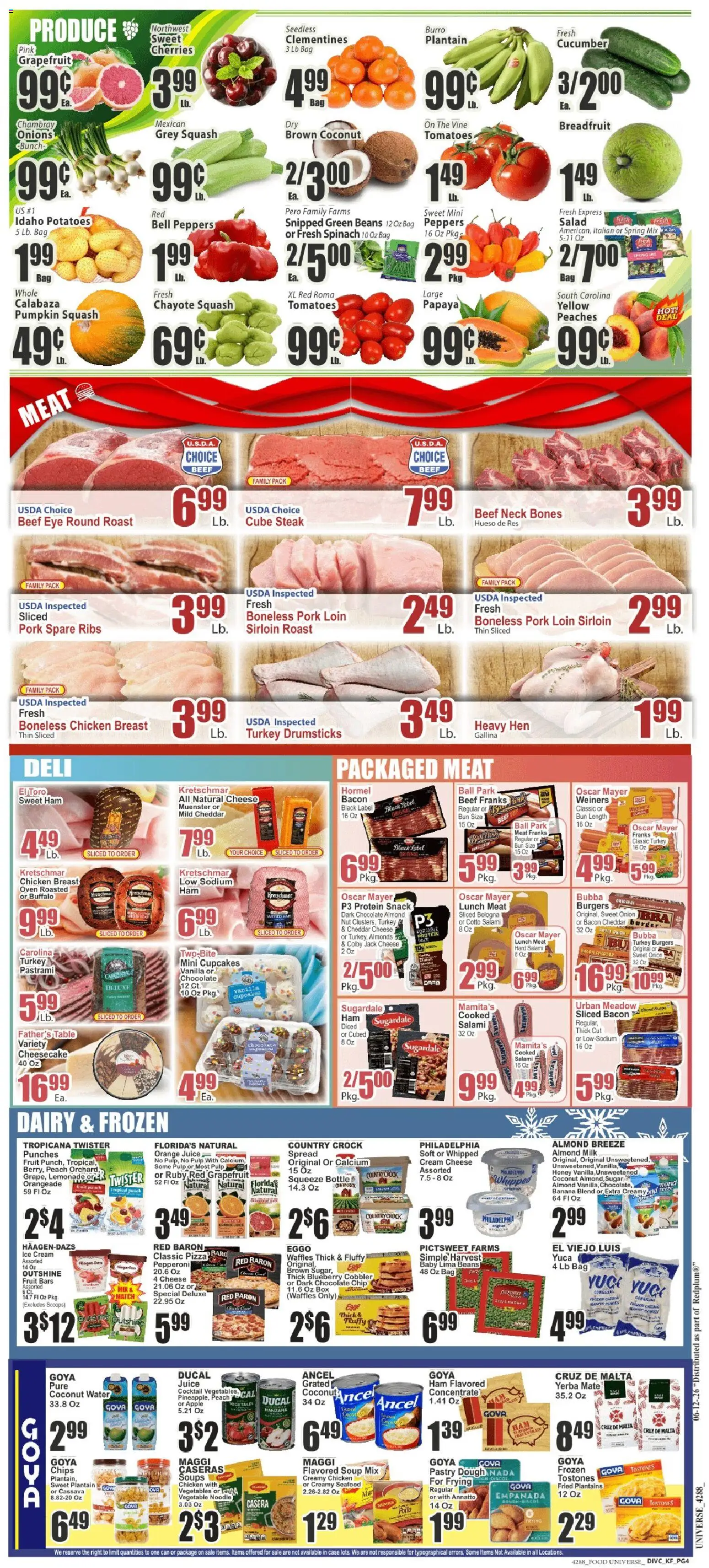 Food Universe Weekly Ad - valid from 12.06.2026 | Page: 4 | Products: Peaches, Cheese, Salami, Juice