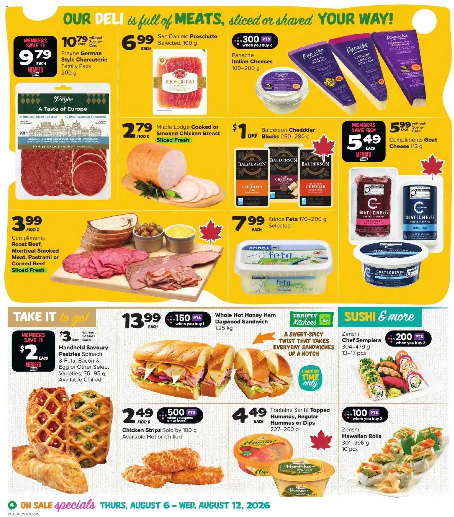 Thrifty Foods flyer valid from Aug 6, 2026 | Page: 6 | Products: Cheese, Salami, Ham, Chicken