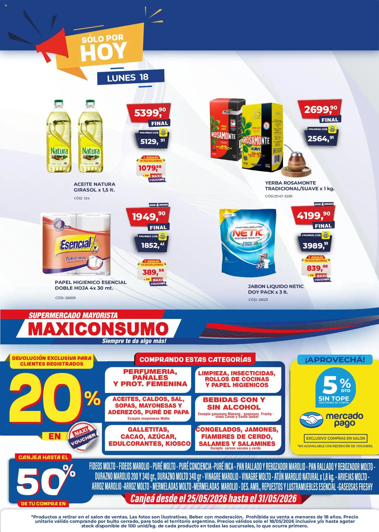 Maxiconsumo Ofertas solo por hoy │ válido desde el 18.05.2026 | Página: 1 | Productos: Durazno, Jabón líquido, Arroz, Té