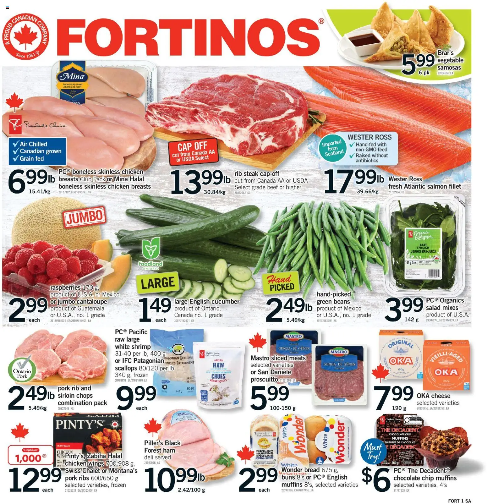 Fortinos flyer valid from 21.05.2026 | Page: 1 | Products: Beef, Salad, Chicken wings, Ham