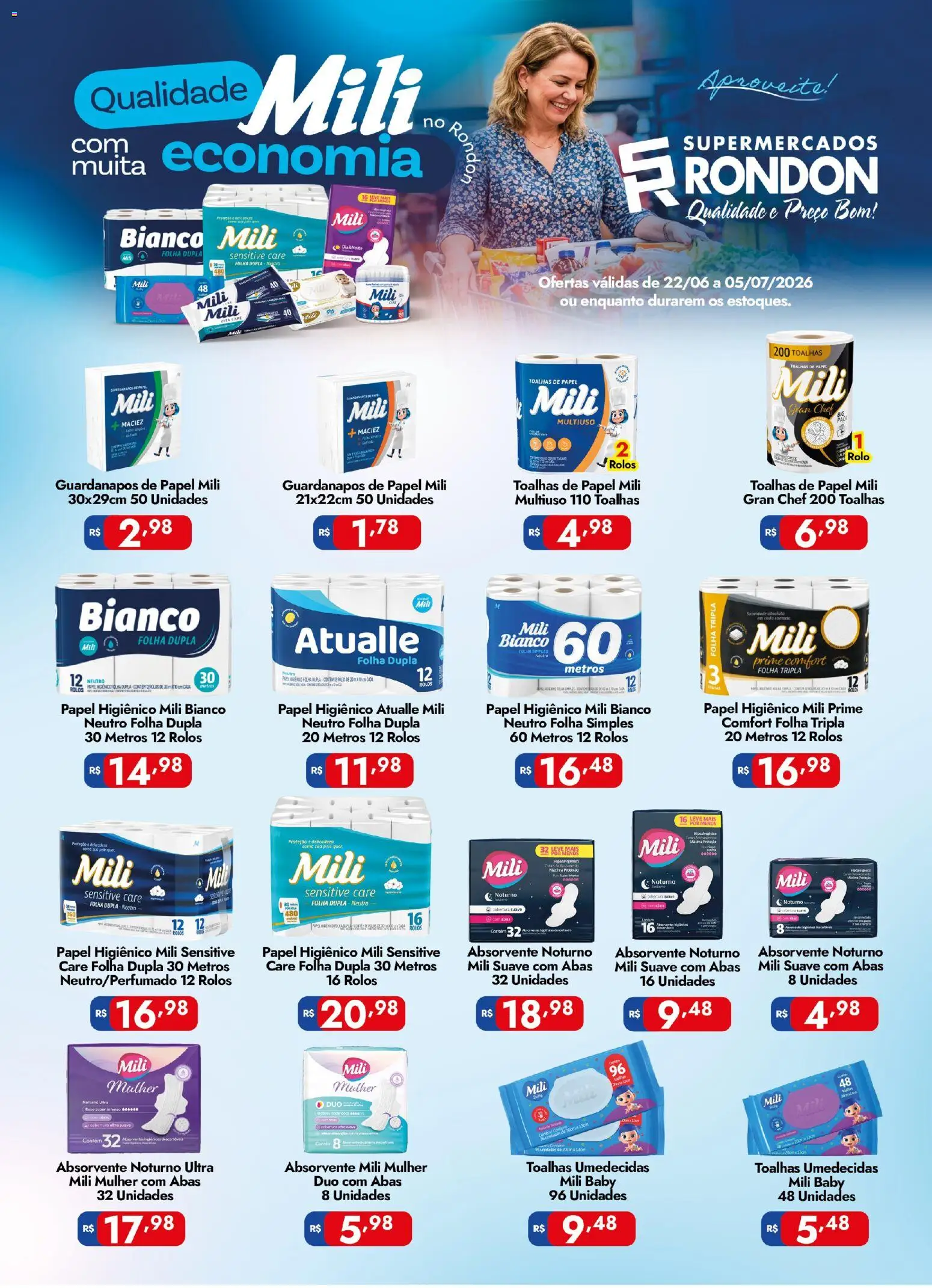 Supermercados Rondon Folheto - válido de 22/06/2026 | Página: 1 | Produtos: Rolo, Absorvente, Papel higiênico