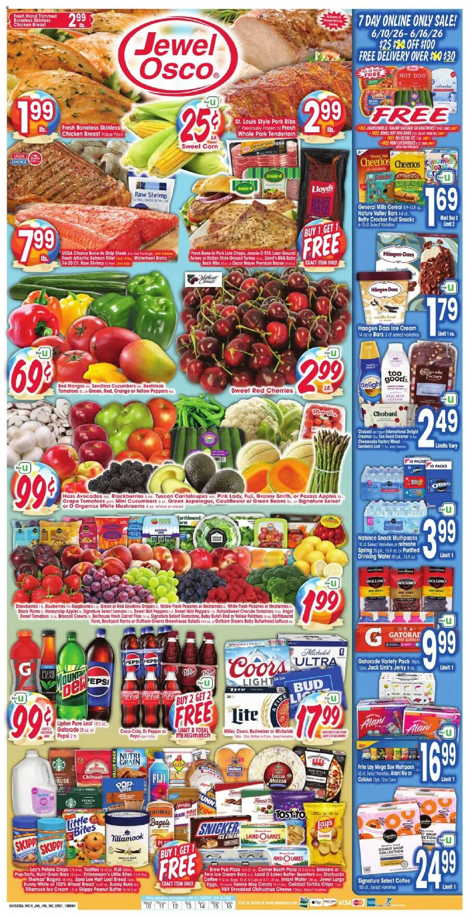 Jewel Osco Weekly Ad - valid from 10.06.2026 | Page: 1 | Products: Lettuce, Mushrooms, Strawberries, Cauliflower
