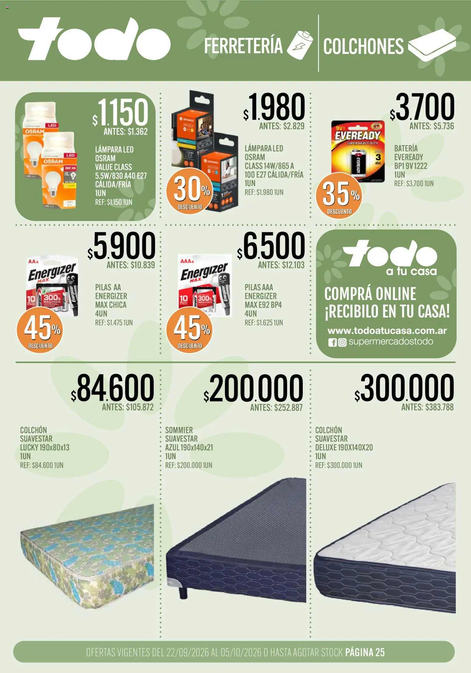Supermercados TODO catálogo │ válido desde el 22/09/2026 | Página: 25 | Productos: Pilas AA, Colchón, Pilas, Lámpara