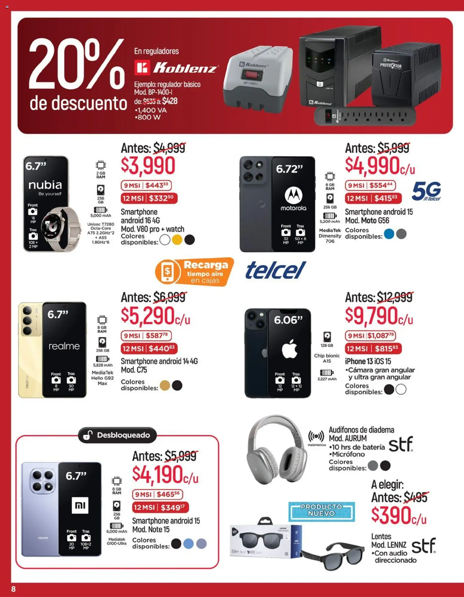 Nuevas ofertas de Chedraui válidas en toda la República Mexicana desde el 15.05.2026. ¡Encuentra las mejores ofertas en Chedraui folleto LLevarte más ! | Página: 8 | Productos: Lentes, Audio, Audífonos, Batería