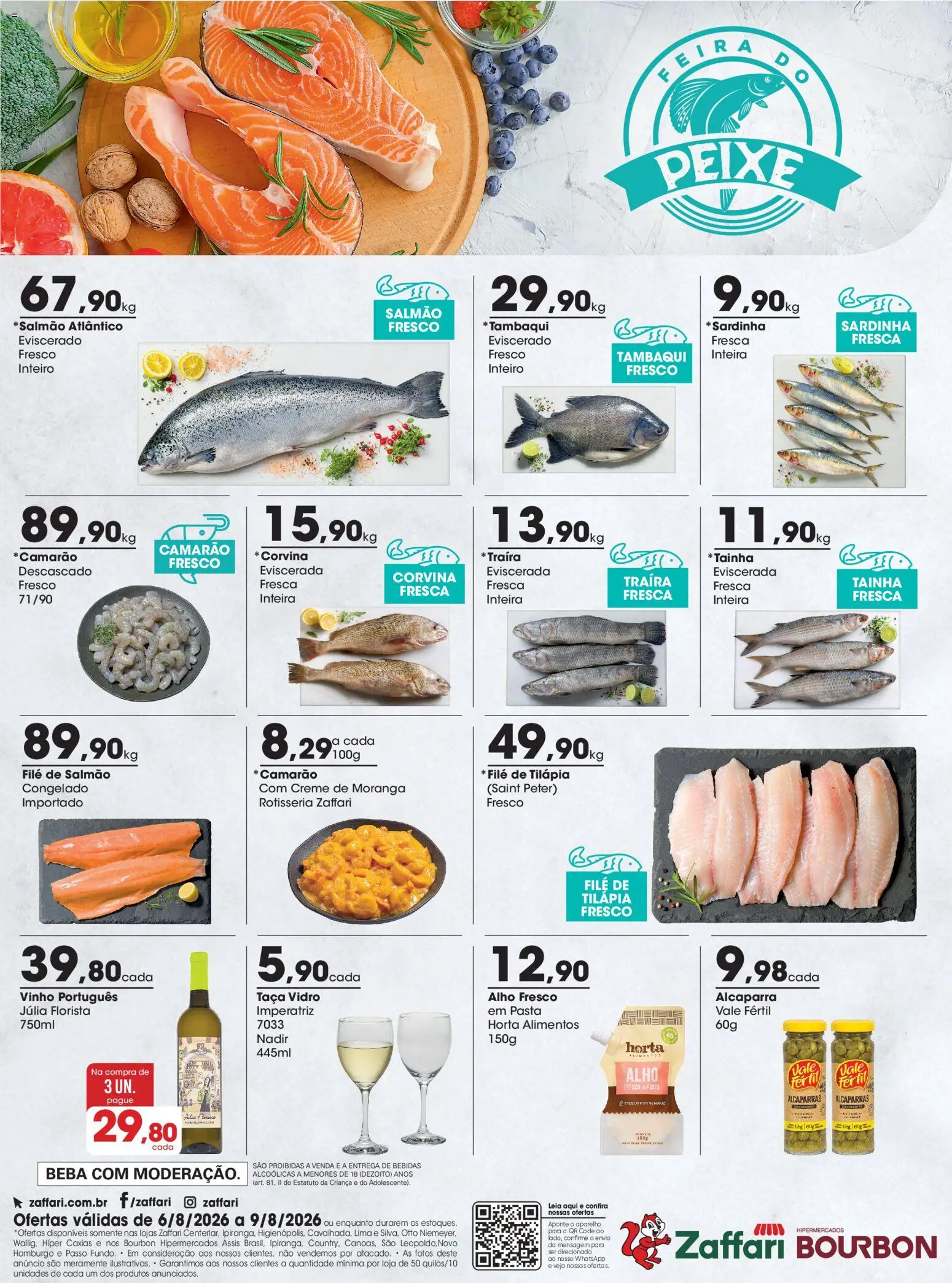 Zaffari Folheto - válido de 06/08/2026 | Página: 1 | Produtos: Salmão, Tilápia, Bourbon, Filé de tilápia
